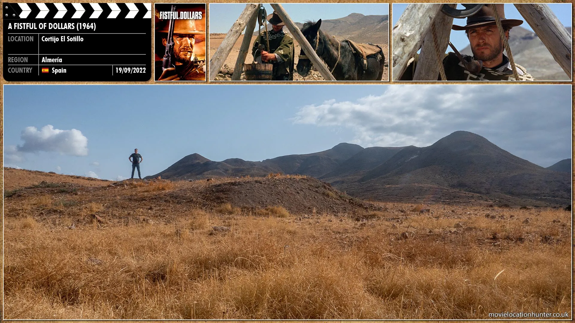 Filming location photo, shot in Spain, for A Fistful of Dollars (1964). Scene description: Having rescued Marisol (Marianne Koch), the Rojos arrive and believe the Baxter family have massacred their men.  Joe (Clint Eastwood), watching and listening from behind a wall, leaves on horseback.