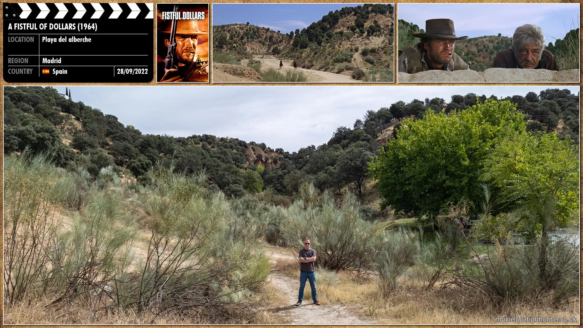 Filming location photo, shot in Spain, for A Fistful of Dollars (1964). Scene description: Joe (Clint Eastwood) and Silvanito (José Calvo) watch from hiding as the Rojo gang, disguised in American uniforms, massacre a detachment of Mexican soldiers escorting a shipment of gold.