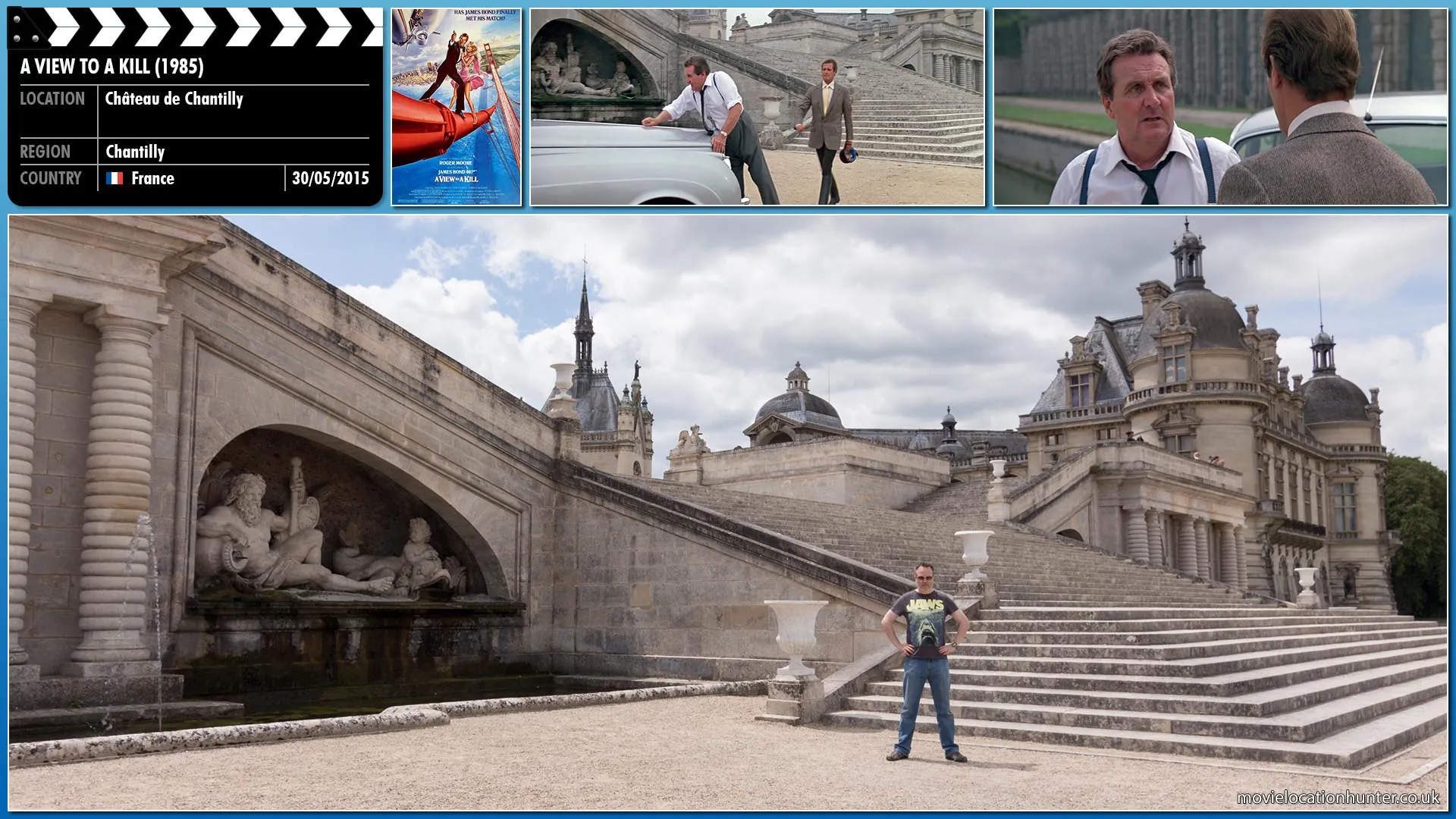 Filming location photo, shot in France, for A View to a Kill (1985). Scene description: Bond (Roger Moore) finds Tibbett (Patrick Macnee) washing the car and horse whips him for his attention.  Bond asks him to travel into town and get M to put a trace on the cheque he secretly photographed at the reception party the previous day.  Looking for a reason why he would leave alone he asks Bond what he should say if questioned.  Bond replies 