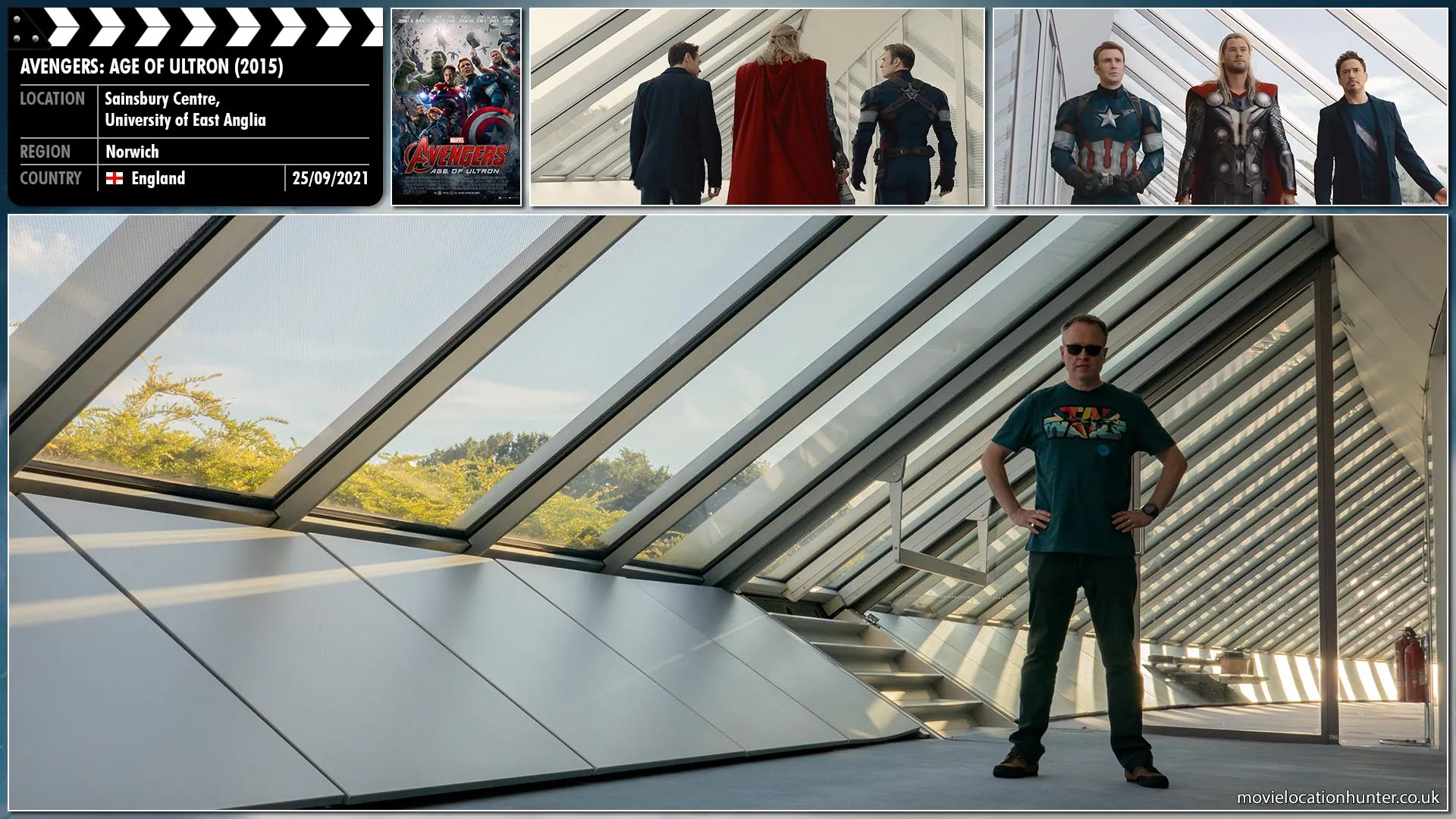 Filming location photo, shot in England, for Avengers: Age of Ultron (2015). Scene description: Tony Stark (Robert Downey Jr.), Captain America (Chris Evans) and Thor (Chris Hemsworth) walk together discussing that the Mind Stone is currently safe with Vision (Paul Bettany).