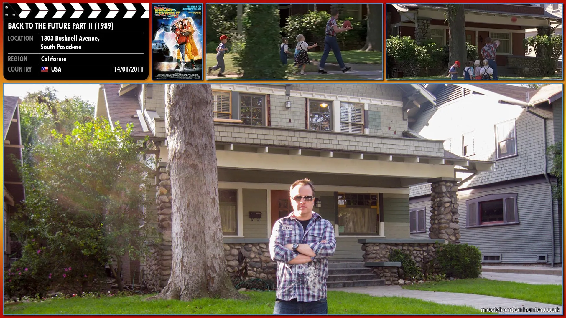 Filming location photo, shot in USA, for Back to the Future Part II (1989). Scene description: Biff's neighbors included five children that lived on or near Mason Street. They were playing ball when Biff Tannen (Thomas F. Wilson) walked by them on November 12, 1955 and threw their ball onto the roof of another of his neighbors' houses.