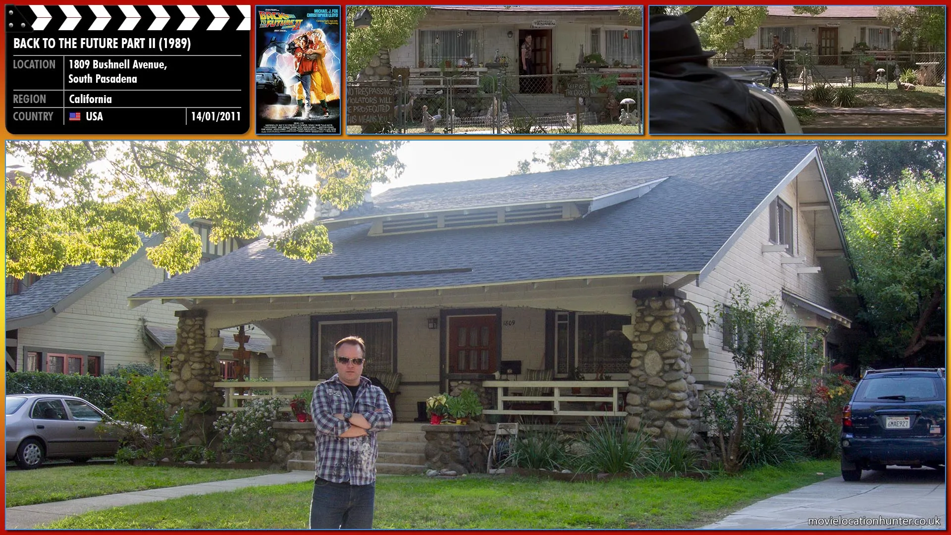 Filming location photo, shot in USA, for Back to the Future Part II (1989). Scene description: Marty McFly (Michael J. Fox) tracks Biff (Thomas F. Wilson) to his home so he can retrieve the Grays Sports Almanac.