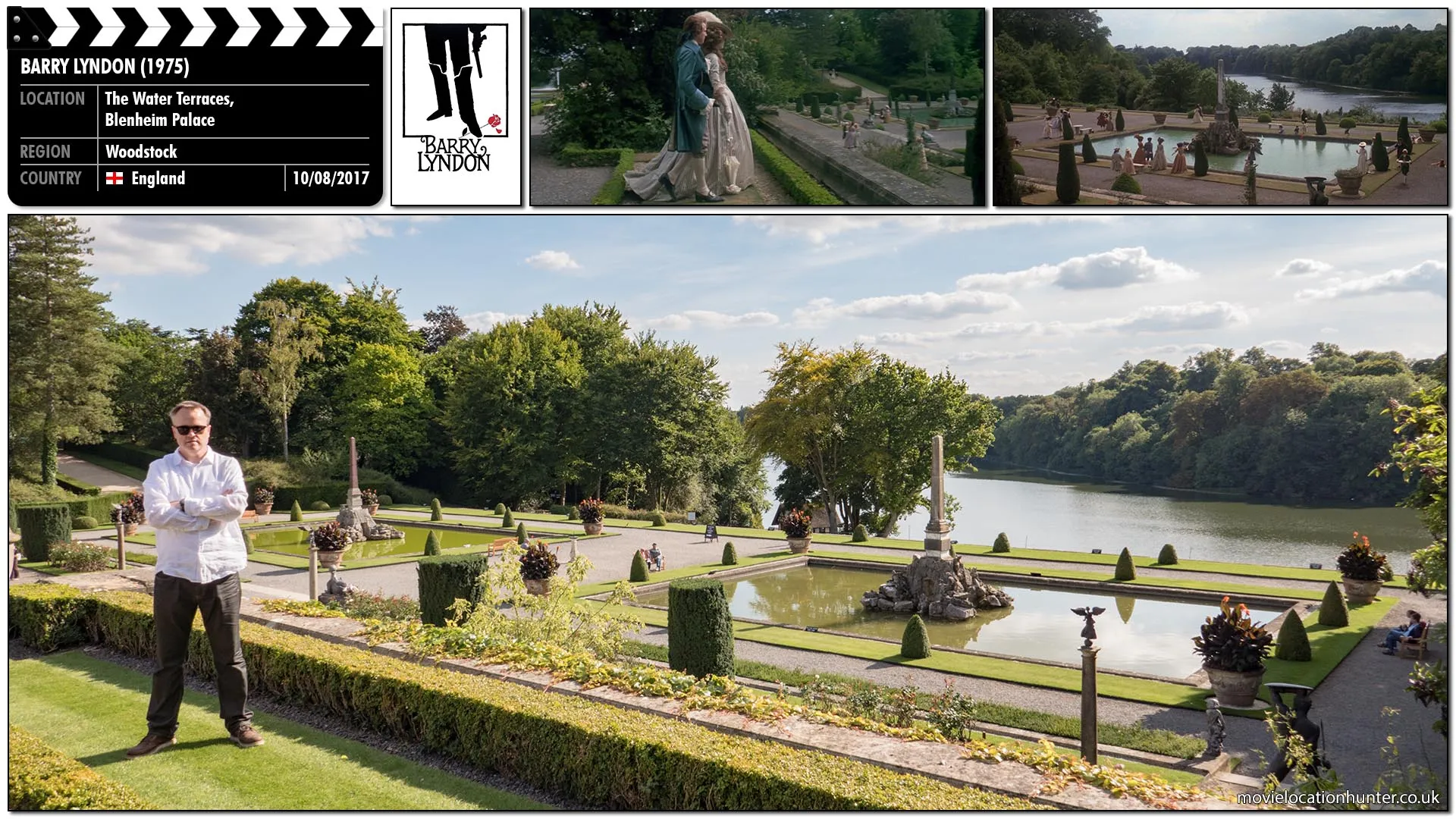 Filming location photo, shot in England, for Barry Lyndon (1975). Scene description: Barry (Ryan O'Neal) and the Countess of Lyndon (Marisa Berenson) walk through the water gardens of the estate.