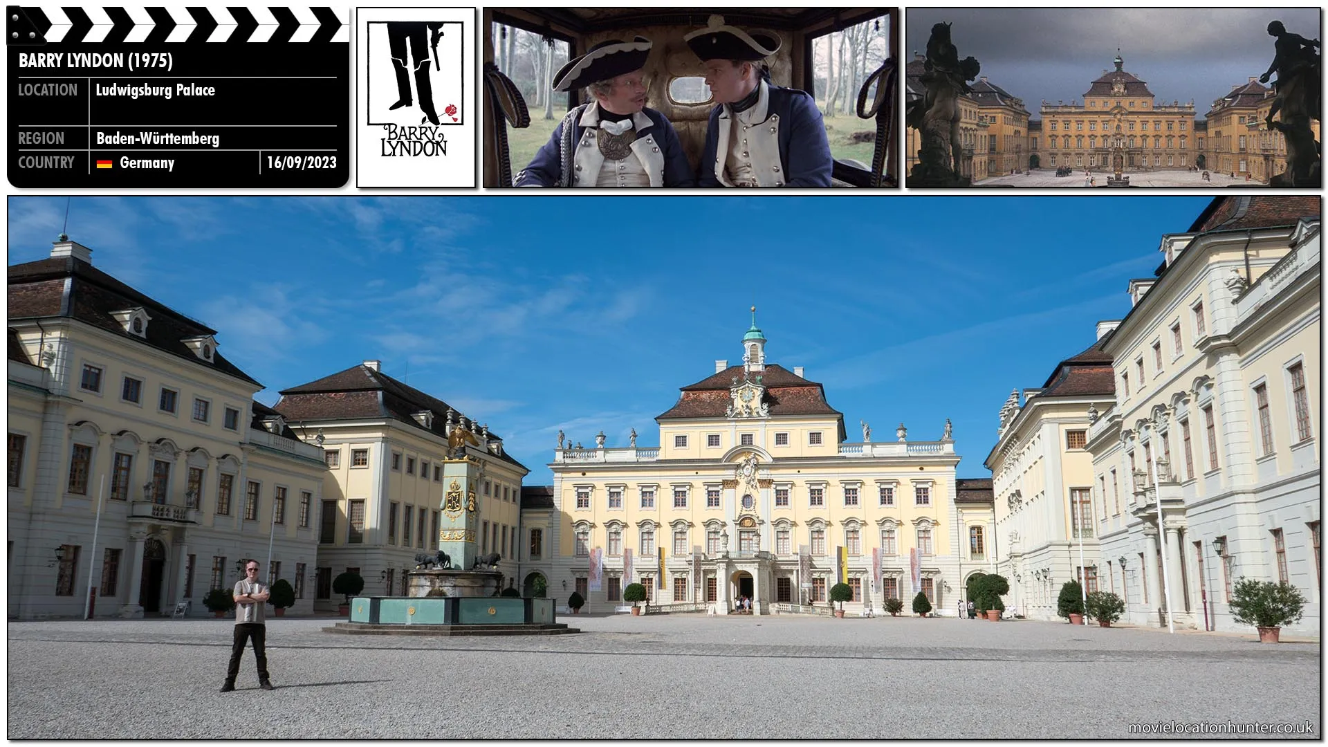 Filming location photo, shot in Germany, for Barry Lyndon (1975). Scene description: Establishing shot for the home of Chevalier du Balibari (Patrick Magee), where Barry (Ryan O’Neal) breaks down and admits his deception, thus becoming the Chevalier’s servant and accomplice in cardsharping.