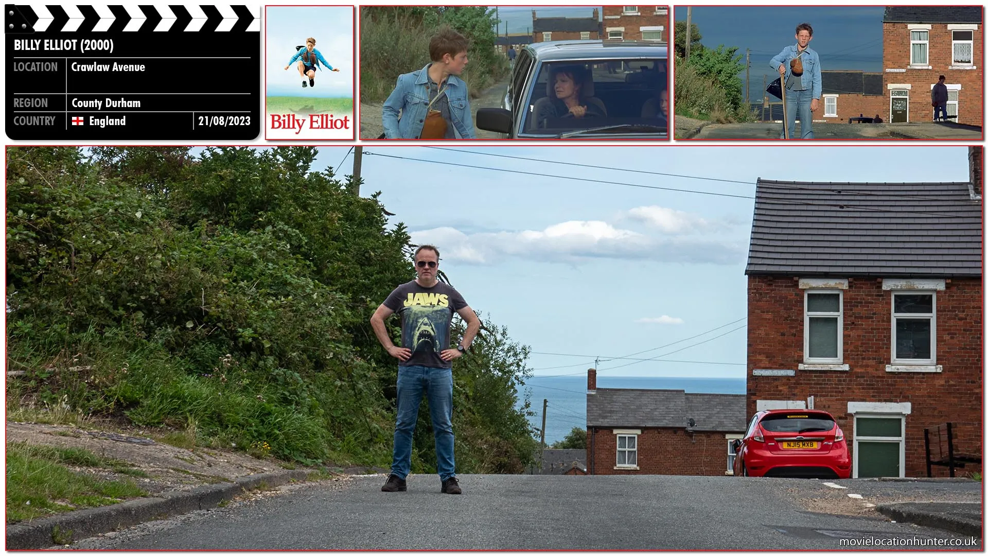Filming location photo, shot in England, for Billy Elliot (2000). Scene description: After attending his first ballet class, a rejuvenated Billy (Jamie Bell) is walking home when suddenly, a car pulls up and the ballet teacher, Sandra Wilkinson (Julie Walters) demands 50p from him. Billy is suddenly defensive and when asked if he liked the class his reluctance to answer says it all.