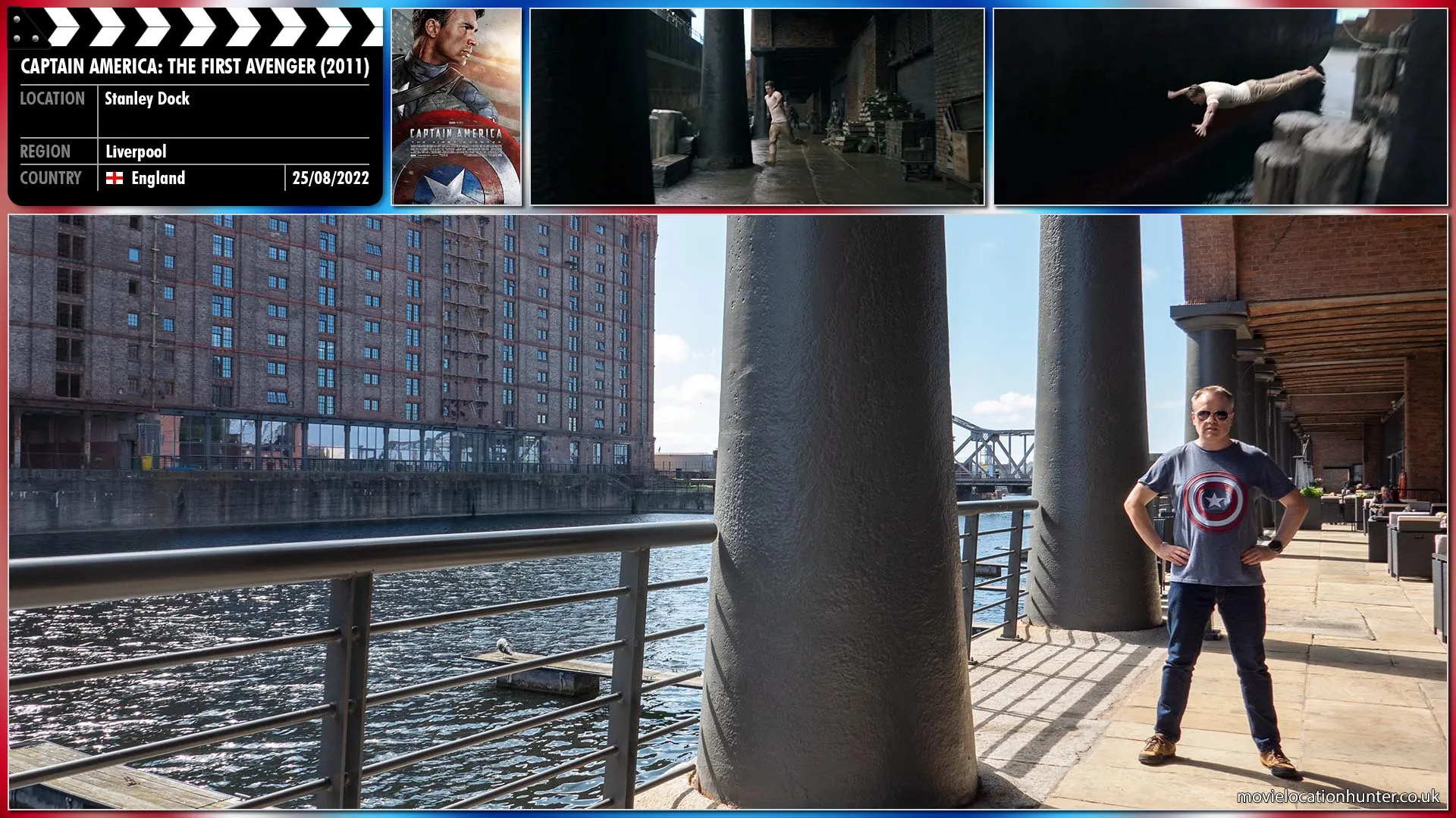 Filming location photo, shot in England, for Captain America: The First Avenger (2011). Scene description: Kruger (Richard Armitage) presses his lighter. A one-man submarine surfaces. He scrambles down to it. Steve spots the departing minsub. He scowls and sprints the length of the dock and dives into the water.