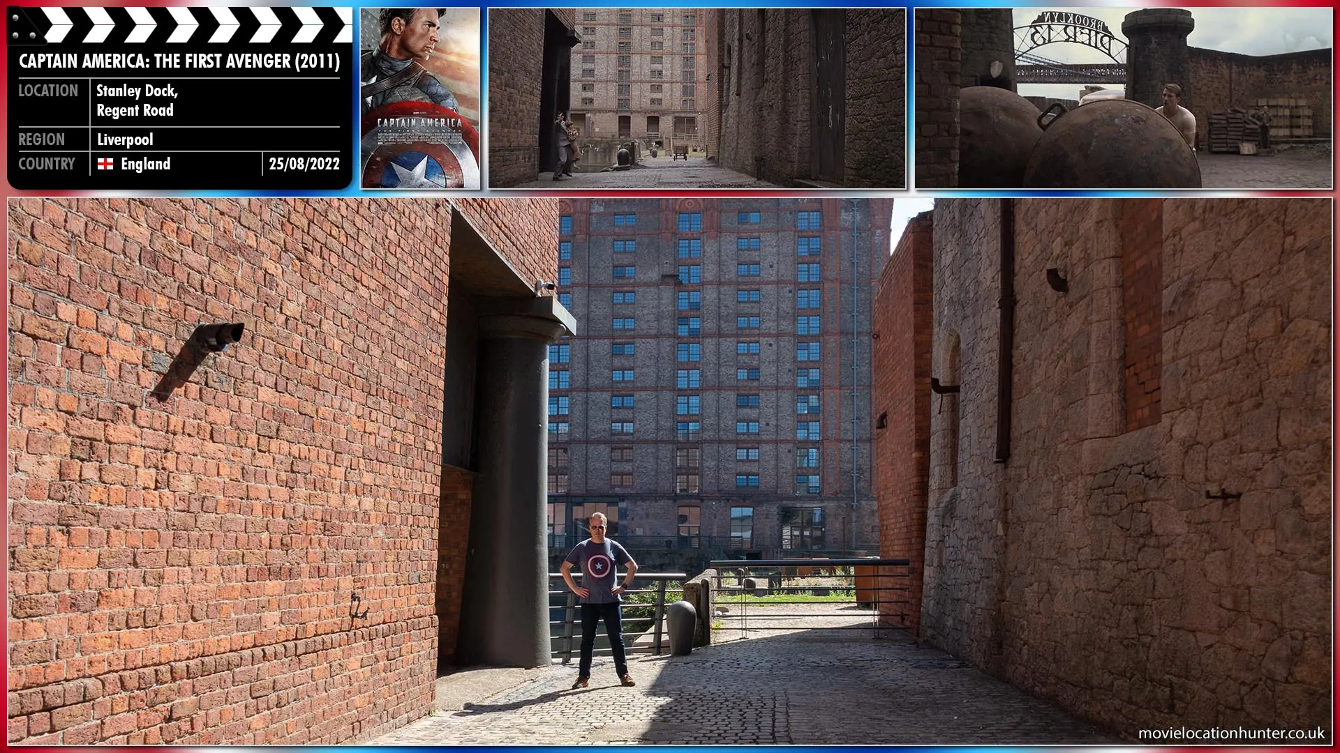 Filming location photo, shot in England, for Captain America: The First Avenger (2011). Scene description: Kruger (Richard Armitage) drags the kid to the water.  Steve (Chris Evans) follows. Kruger points the gun at Steve. CLICK. Empty. Kruger hurls the KID in the drink.