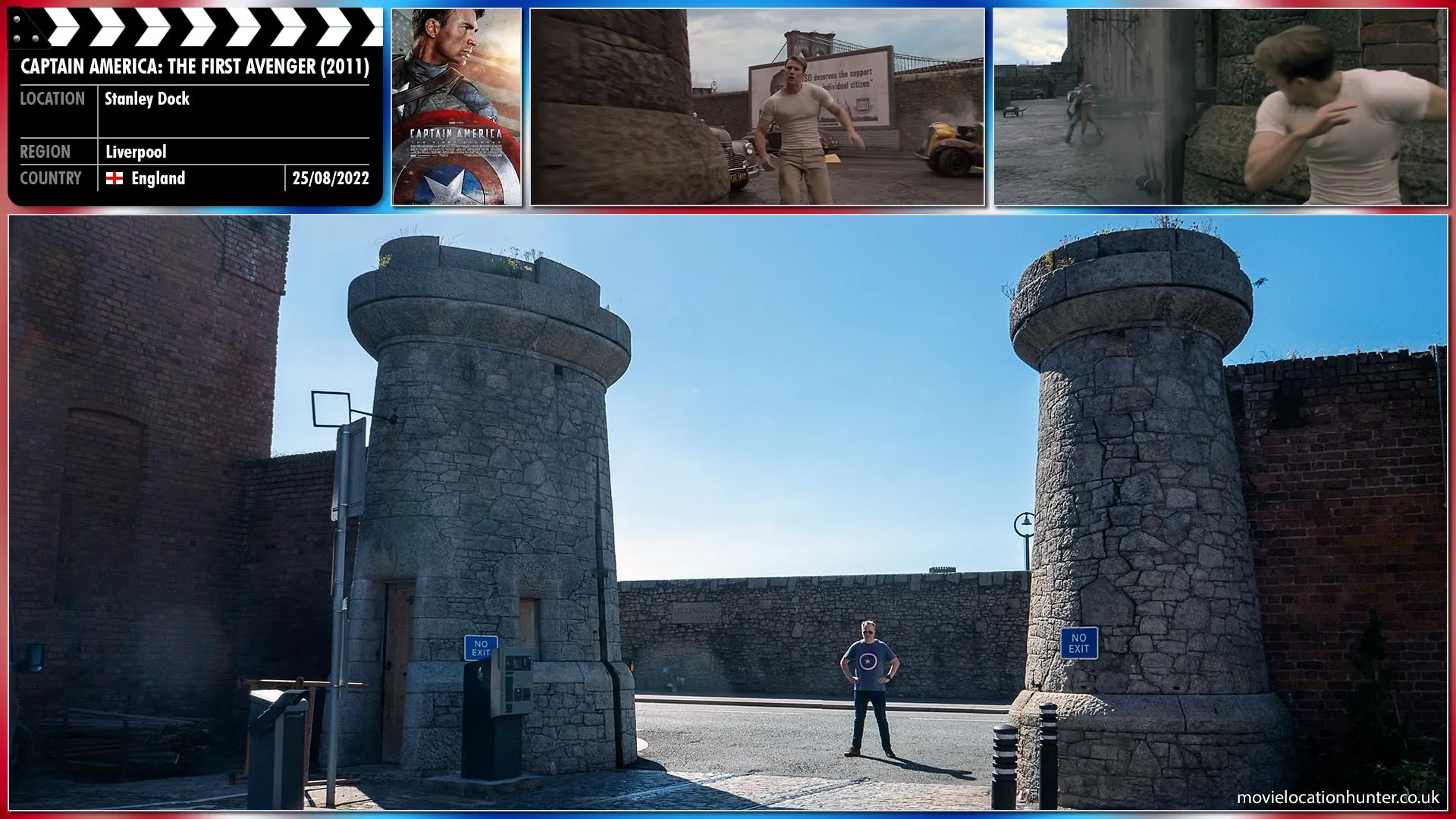 Filming location photo, shot in England, for Captain America: The First Avenger (2011). Scene description: Kruger (Richard Armitage) shoots at Steve (Chris Evans) who shields himself with the torn-off taxi door as he moves towards him.  Shrapnel tears at Steve but he keeps on coming.  Finally, Kruger turns and shoves through a pack of waiting tourists grabbing the smallest boy in an attempt to slow Steve down.