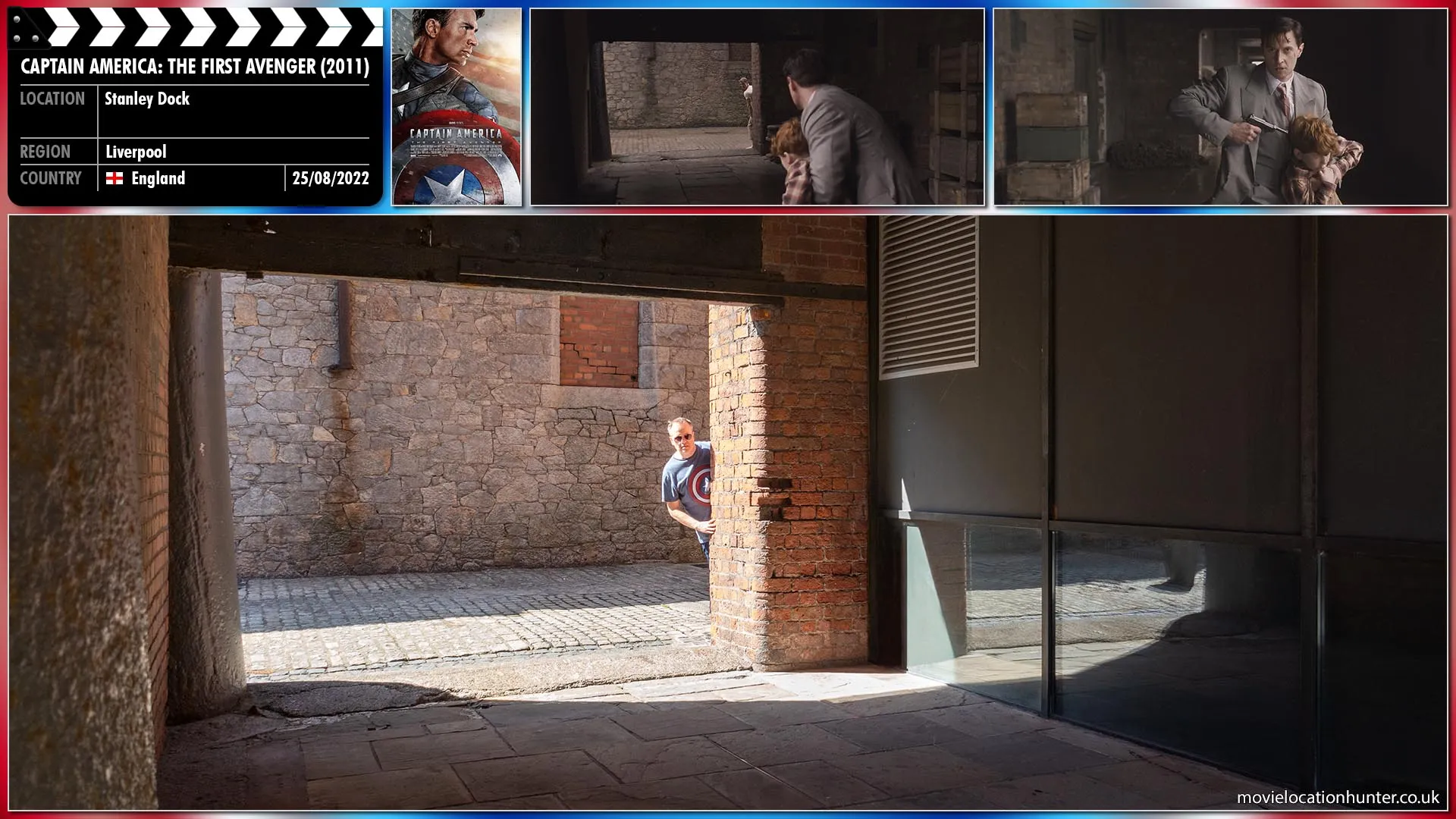 Filming location photo, shot in England, for Captain America: The First Avenger (2011). Scene description: Kruger (Richard Armitage) grabs the smallest boy, putting a gun to his temple. Steve (Chris Evans) stops. He locks eyes with the scared, scrawny kid.