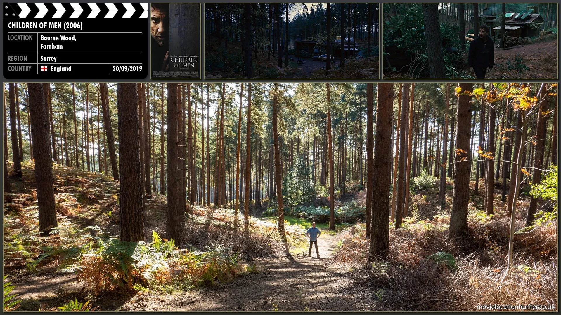 Filming location photo, shot in England, for Children of Men (2006). Scene description: Theo (Clive Owen) leads the group to Jasper's house hidden deep inside the woods