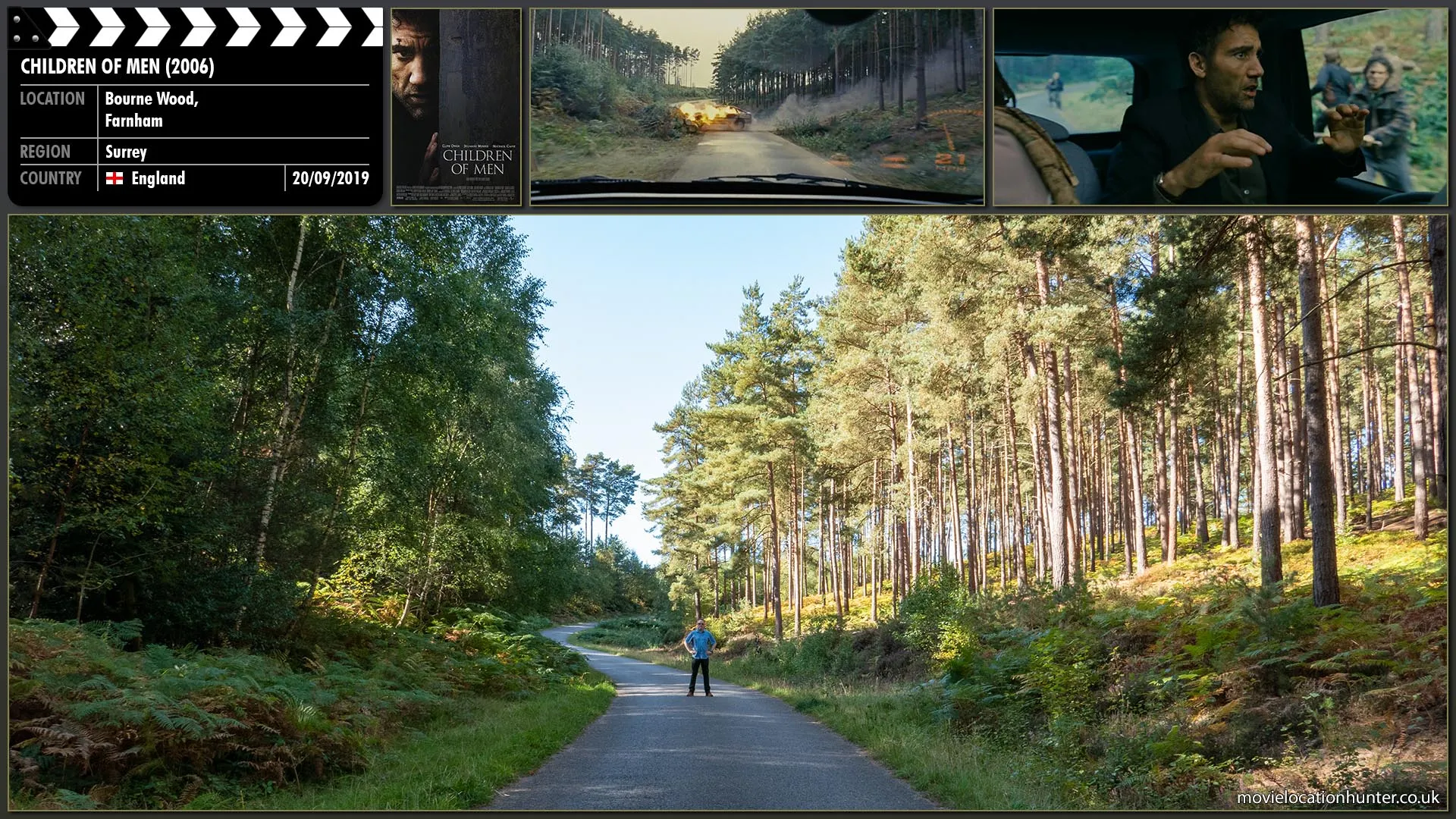 Filming location photo, shot in England, for Children of Men (2006). Scene description: Theo (Clive Owen) joins Julian (Julianne Moore), her associate Luke (Chiwetel Ejiofor), the refugee Kee (Clare-Hope Ashitey) and her midwife, Miriam (Pam Ferris) as they drive to the southern coast of England. Along the way, they are attacked in a forested area by a large mob and Julian is killed.