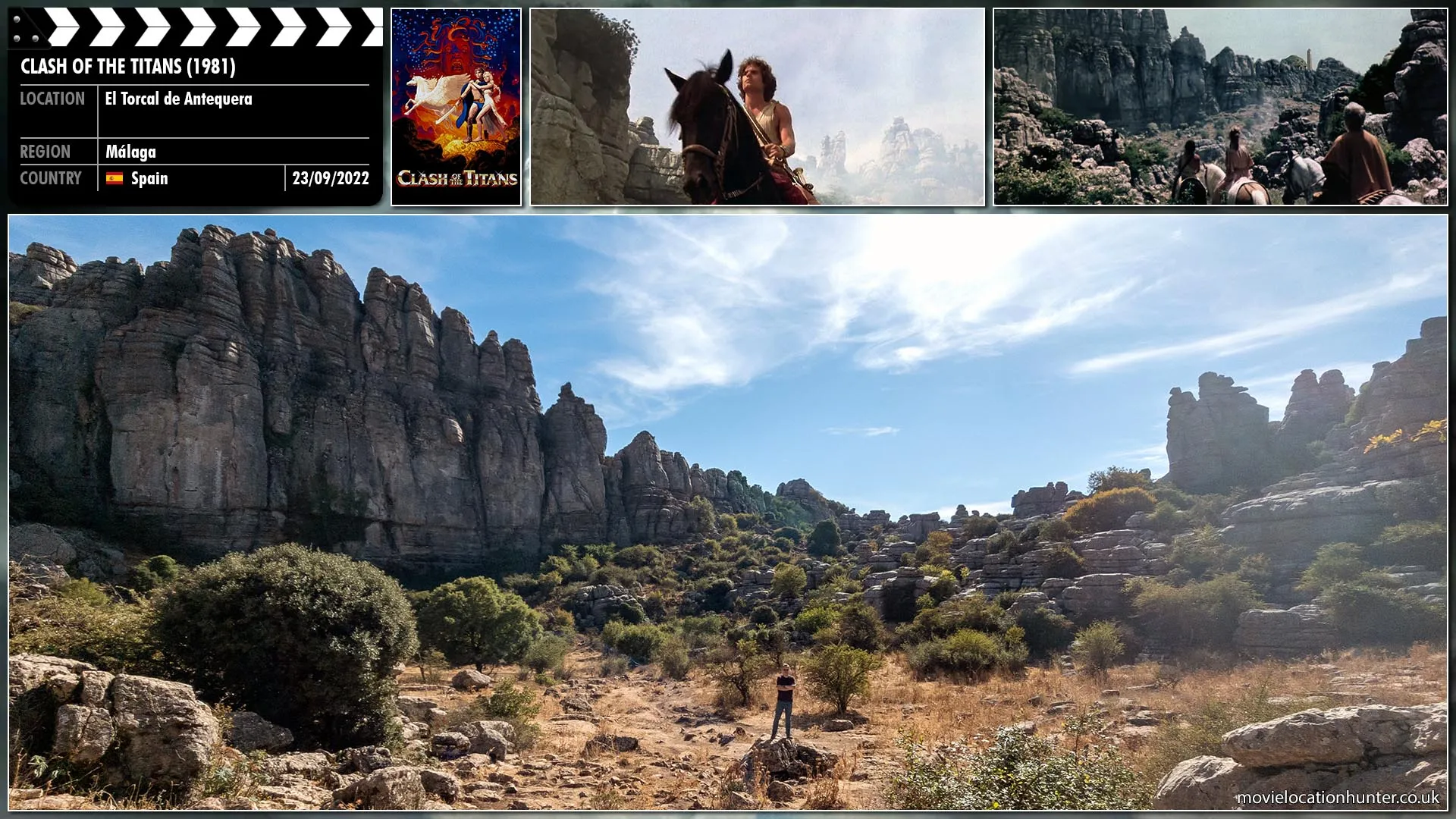 Filming location photo, shot in Spain, for Clash of the Titans (1981). Scene description: Perseus (Harry Hamlin) arrives into a clearing and can see the witches home on the horizon.