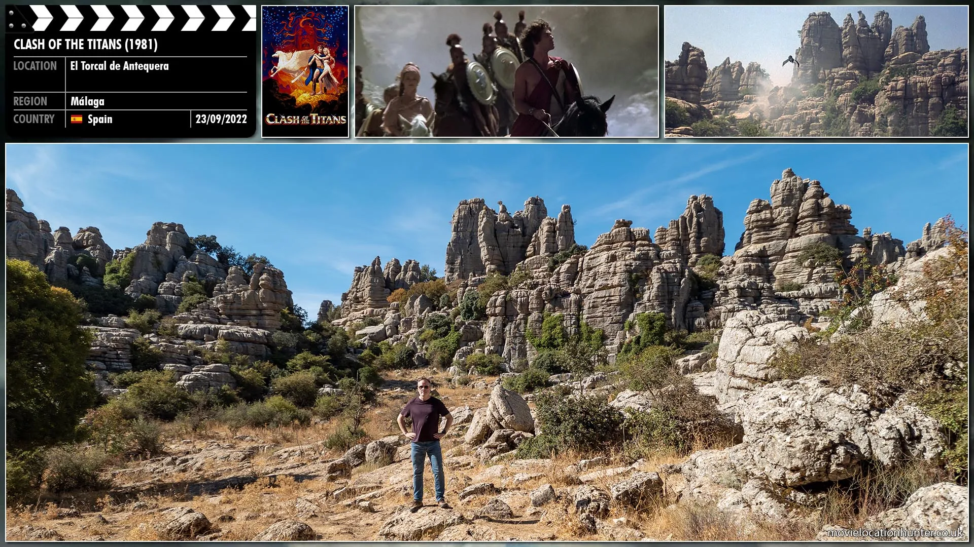 Filming location photo, shot in Spain, for Clash of the Titans (1981). Scene description: Bubo, a mechanical owl, leads Perseus (Harry Hamlin), Andromeda (Judi Bowker), Ammon (Burgess Meredith), Thallo (Tim Pigott-Smith) and some soldiers to the Stygian Witches.