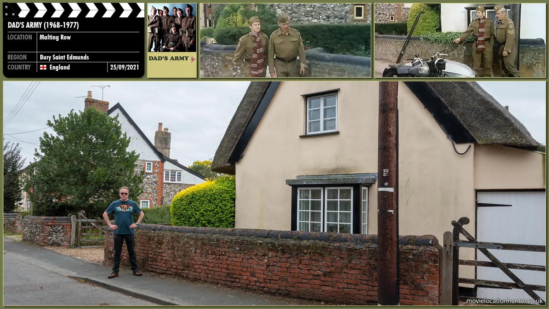 Filming location photo, shot in England, for Dad's Army (1968). Scene description: Malting Row road was used in various episodes throughout the series.  In this instance the reference shots are from the episode The Captain's Car (Series 7, Episode 5) where Wilson (John Le Mesurier) and Pike (Ian Lavender) take fuel from the warden's (Bill Pertwee) motorbike and sidecar.