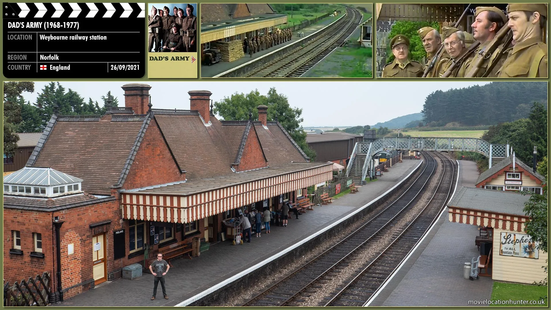 Filming location photo, shot in England, for Dad's Army (1968). Scene description: King George VI is set to pass through Walmington-on-Sea by train, and the platoon is to provide the guard of honour. A train duly arrives—but it is the wrong train, and its drivers fall asleep after drinking tea they tried to sweeten with Mrs. Mainwaring's sleeping pills. Now the platoon must move the train to clear the line for the King—with almost disastrous consequences..