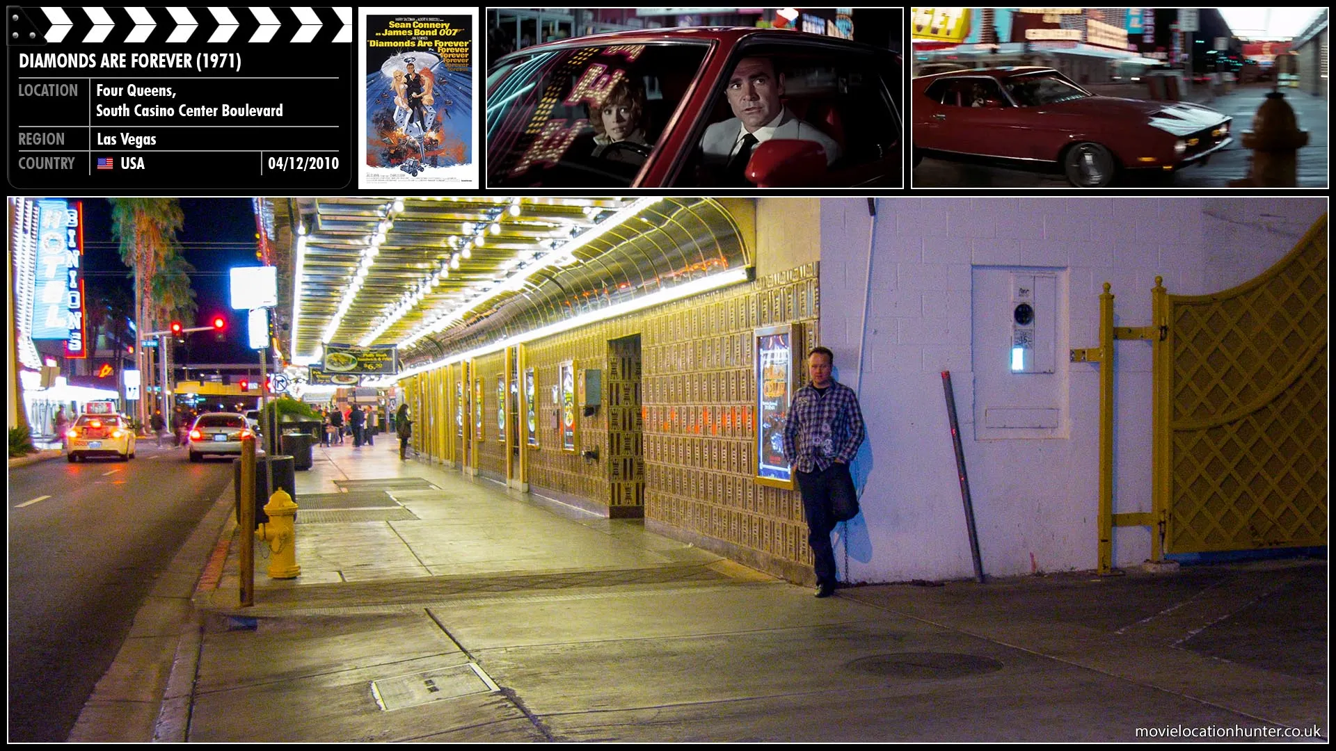 Filming location photo, shot in USA, for Diamonds Are Forever (1971). Scene description: Bond (Sean Connery) and Tiffany (Jill St. John) return to Las Vegas that evening where they get into a car chase with the local police.