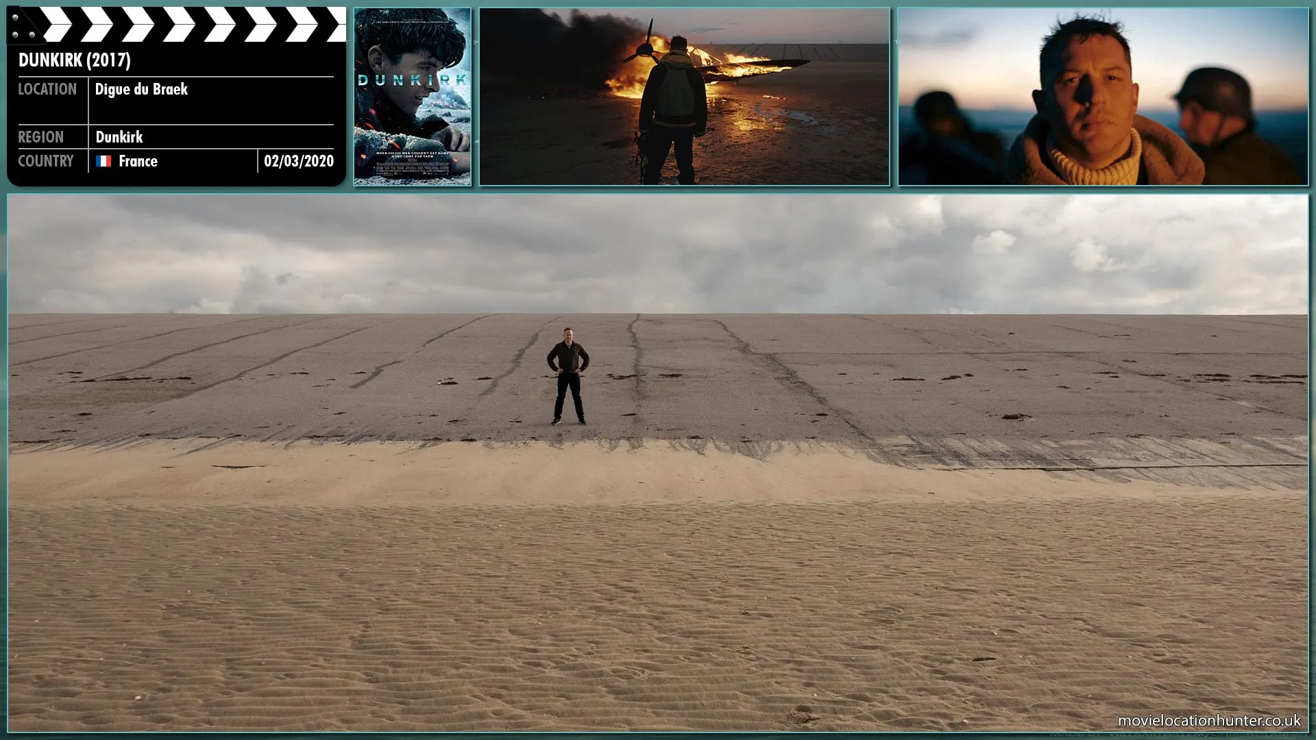 Filming location photo, shot in France, for Dunkirk (2017). Scene description: Farrier (Tom Hardy) glides, banking, looking for a suitable stretch of beach to ditch. The landing gear inches out of its housing and he swoops down onto the flat sand. Farrier slides back the canopy and climbs out of the plane. Farrier pulls his flare gunand shoots into the cockpit destroying the plane.  watches as dark shapes of German soldiers surround him.