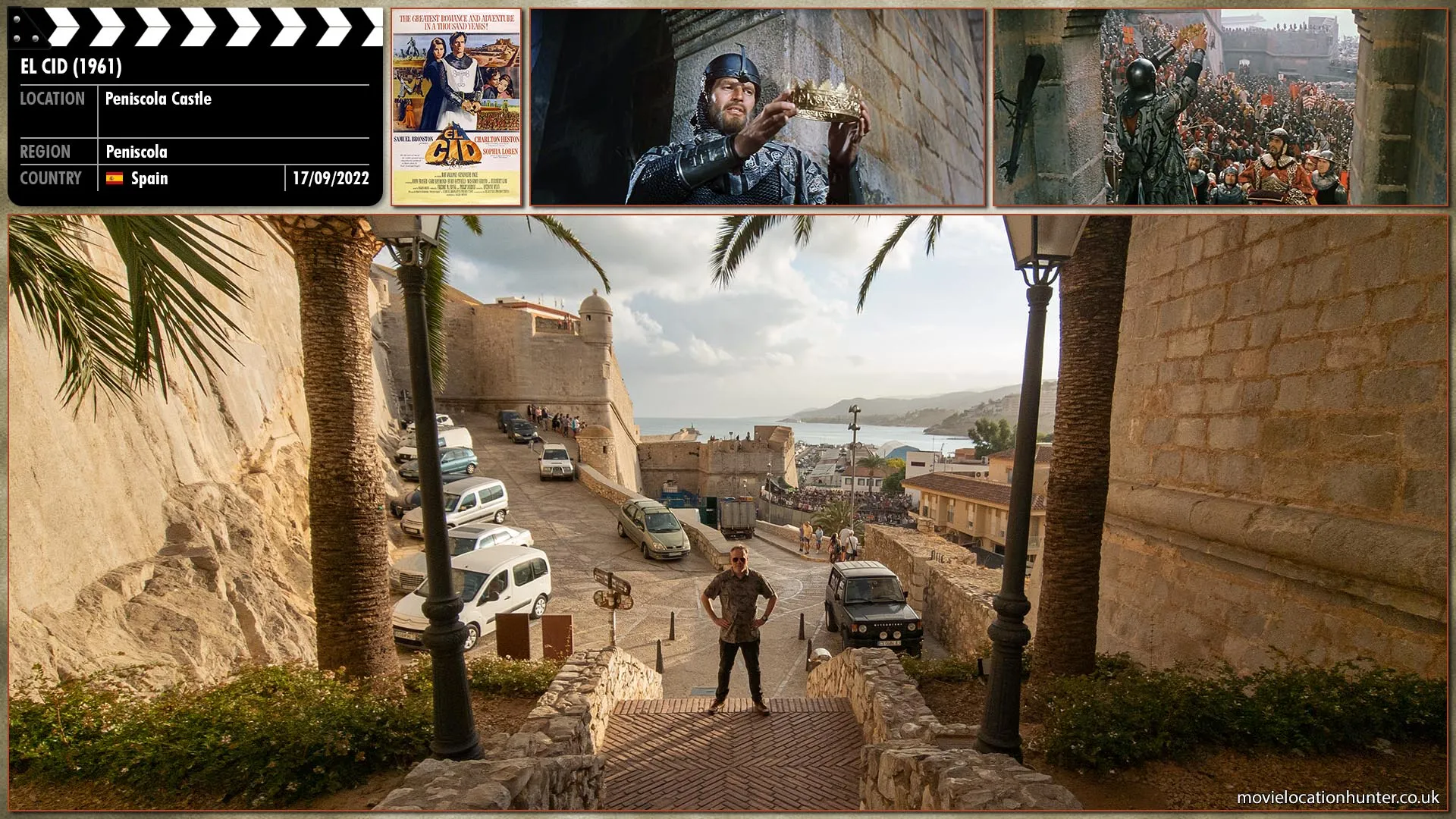 Filming location photo, shot in Spain, for El Cid (1961). Scene description: Rodrigo (Charlton Heston) dies, and a rumor of his death spreads. His allies honor Rodrigo's final wish. With help of an iron frame they prop up his body, its eyes staring straight ahead. Dressed in full armor and holding an unfurled banner, he is strapped to the back of his horse, Babieca. Guided by King Alfonso (John Fraser) and Emir Al-Mu'tamin (Douglas Wilmer) riding on either side, the horse leads a mounted charge against Yusuf's (Herbert Lom) now terrified soldiers, who believe that El Cid has risen from the dead. In the panic that ensues, Ben Yusuf is thrown from his horse and is crushed beneath Babieca's hooves, leaving his scattered army to be annihilated.