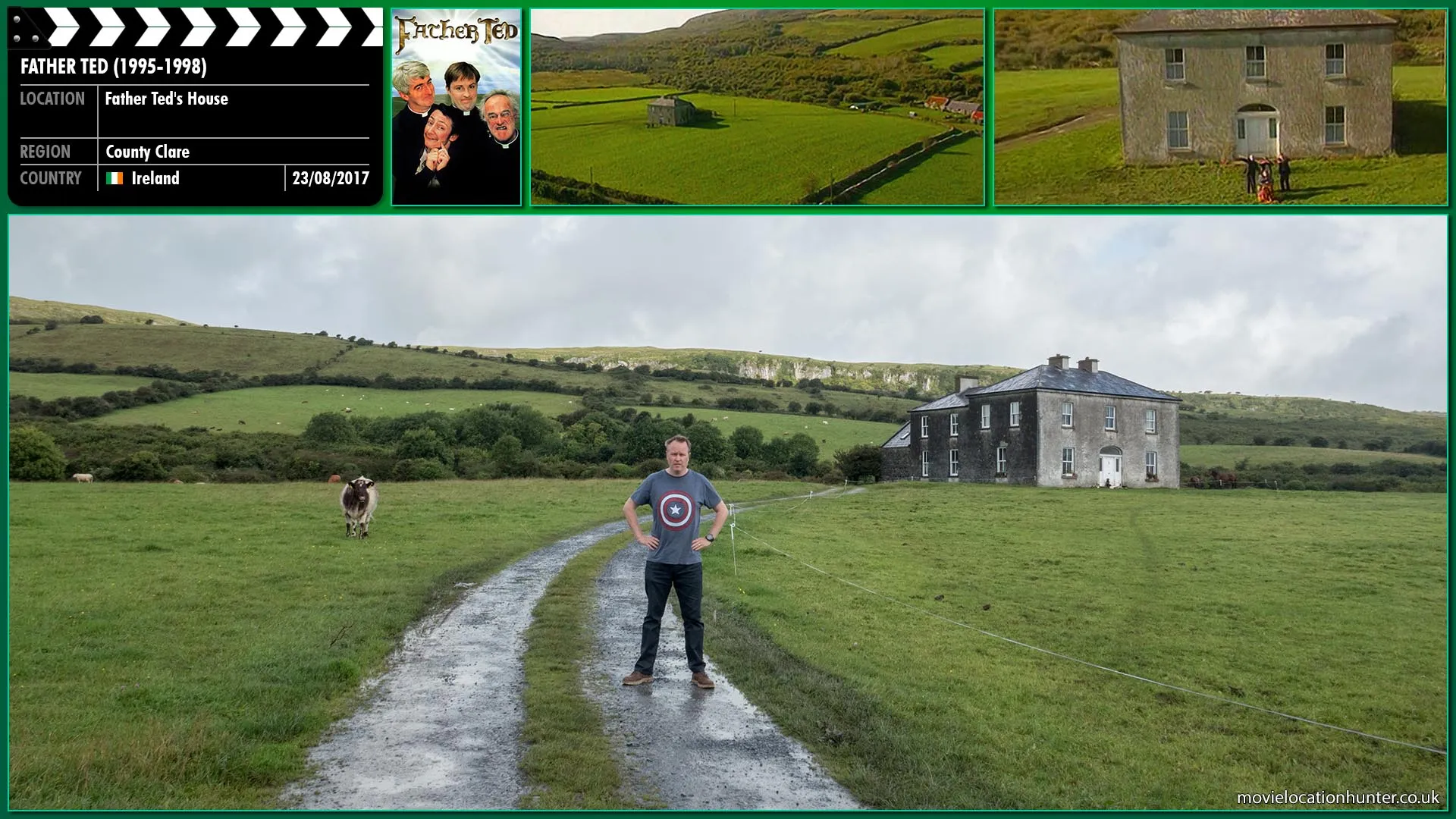 Filming location photo, shot in Ireland, for Father Ted (1995). Scene description: Glanquin House became Father Ted's house through a chance conversation in a pub in Kilfenora in 1993. Joe Mardis, the location manager for the television series, has family connections in the area. While having a drink with friends from the locality they came up with the idea of setting the series in North Clare. He looked at a number of older houses, took photos and brought them back to the writers. They chose Glanquin House, and the rest is history.
