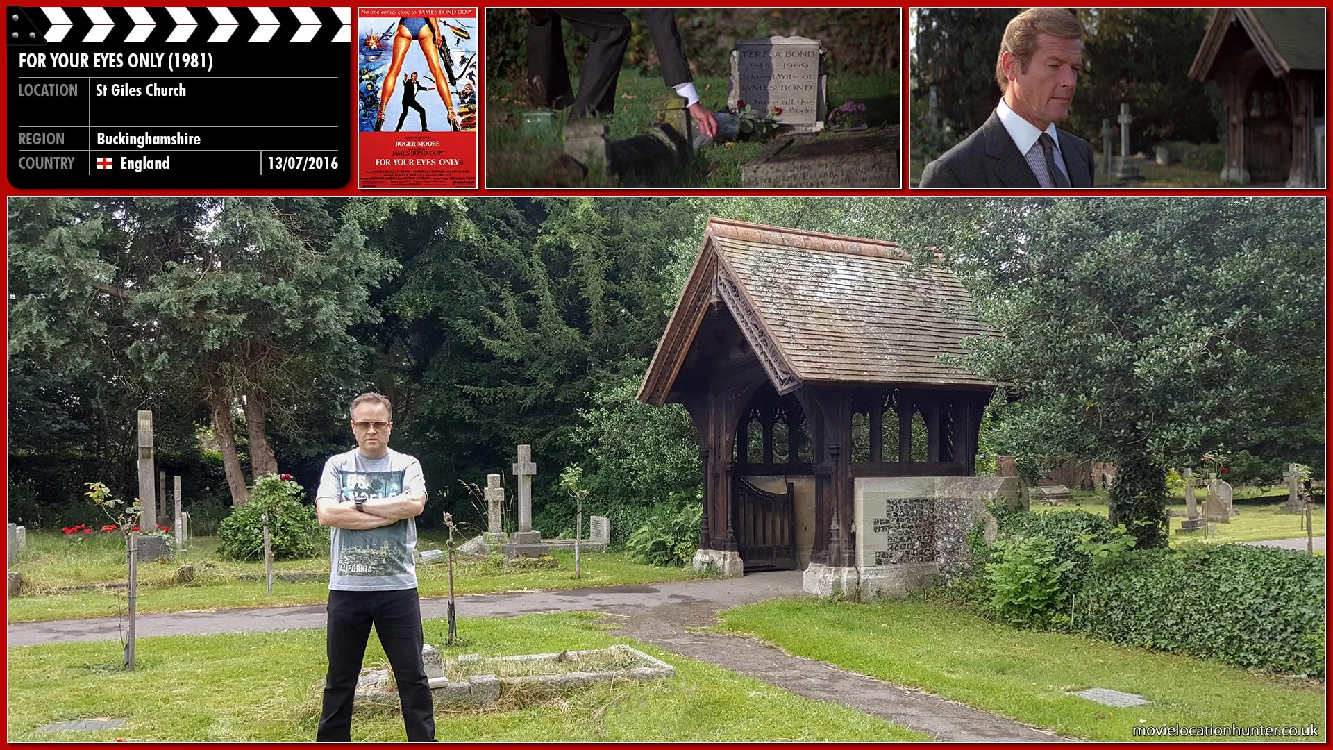 Filming location photo, shot in England, for For Your Eyes Only (1981). Scene description: While visiting the grave of his deceased wife, Tracy (whom was killed in the film On Her Majesty's Secret Service), James Bond (Roger Moore) is called back to MI6 headquarters.