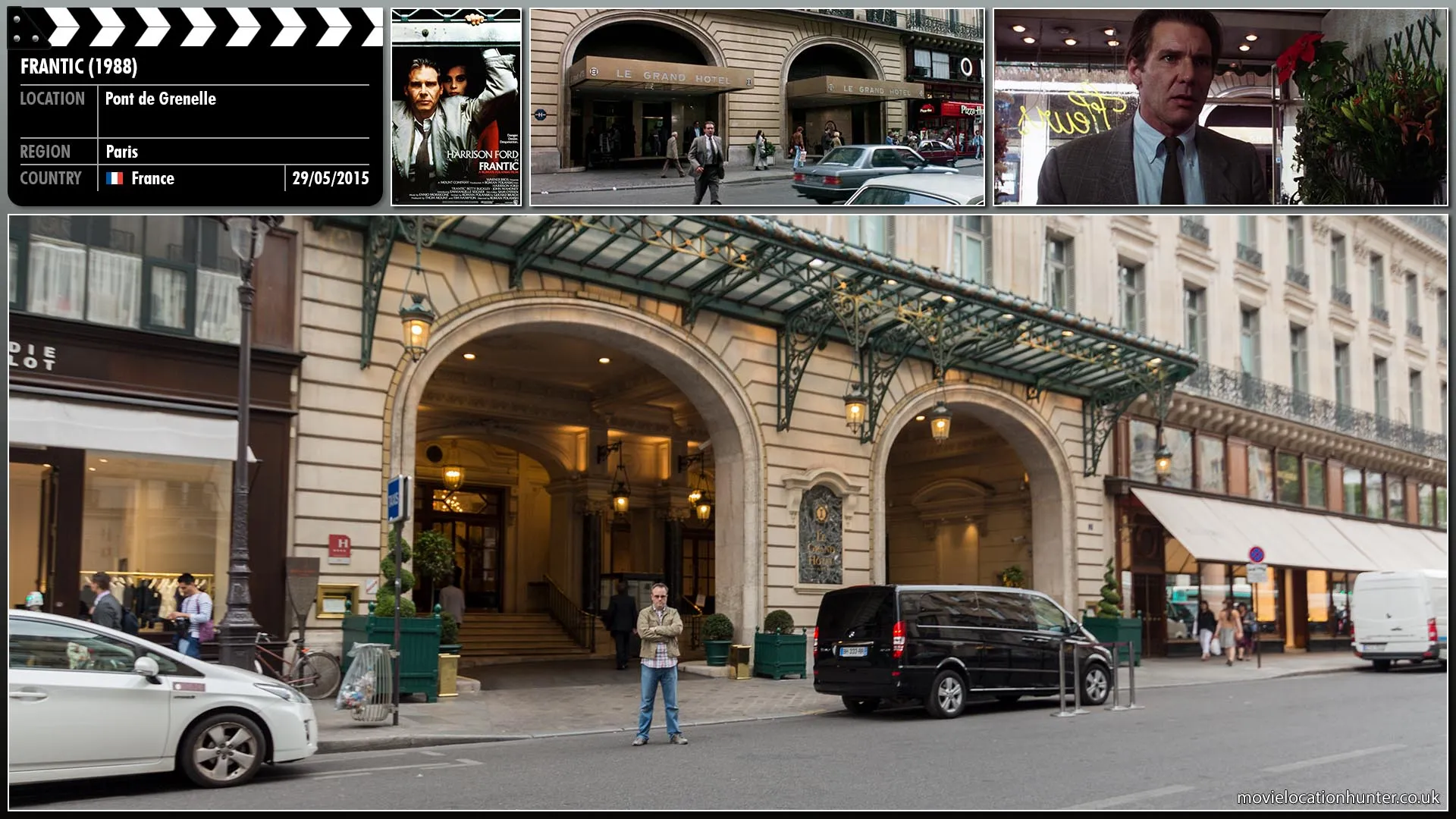 Filming location photo, shot in France, for Frantic (1988). Scene description: Dr. Richard Walker (Harrison Ford) is a surgeon visiting Paris with his wife Sondra (Betty Buckley) for a medical conference. At their hotel, she is unable to unlock her suitcase, and Walker determines that she has picked up the wrong one at the airport. While Walker is taking a shower, his wife mysteriously disappears from their hotel room.  jet-lagged, he searches for her in the hotel with the help of a polite but mostly indifferent staff and then wanders outside to search himself.
