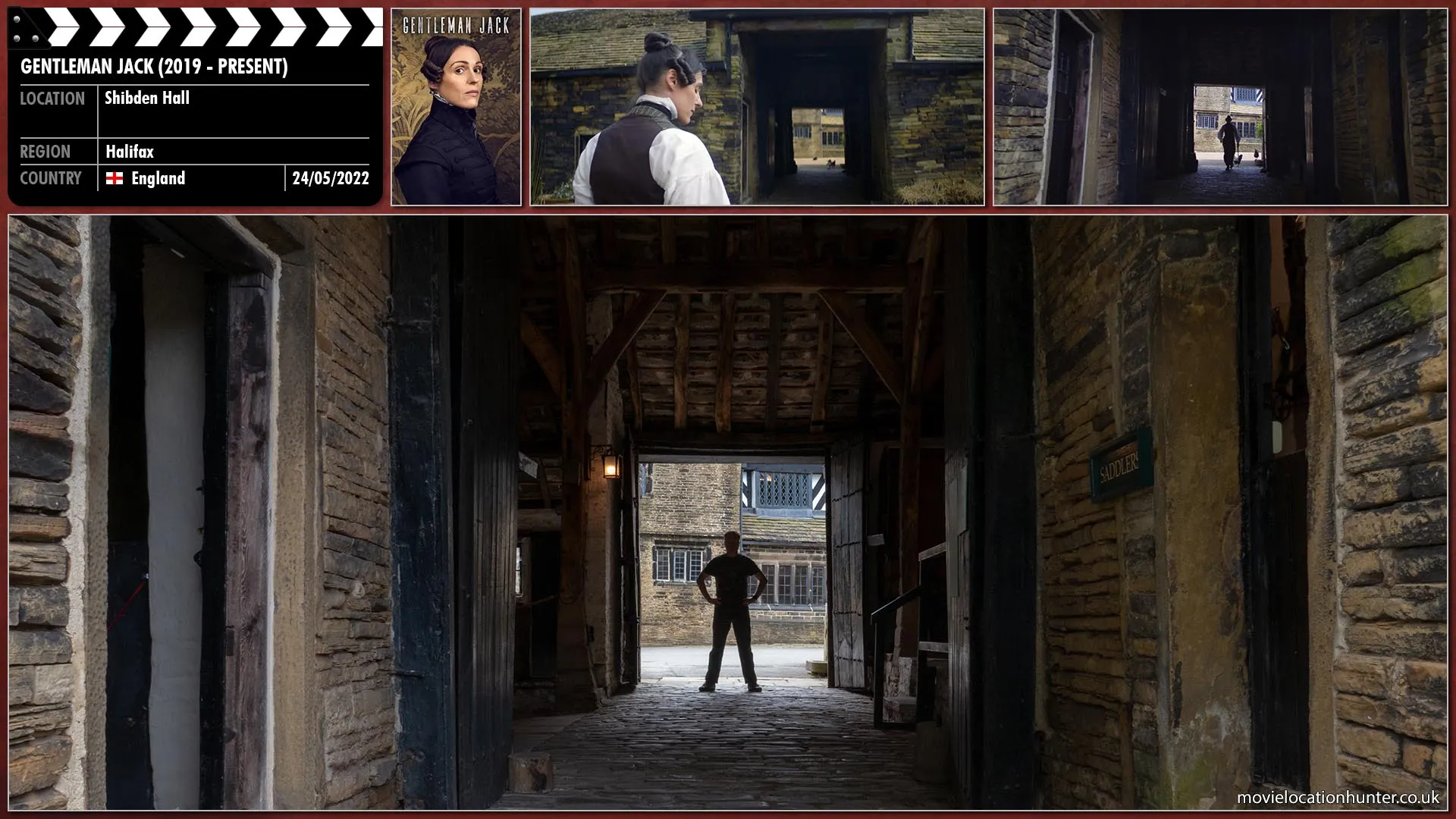 Filming location photo, shot in England, for Gentleman Jack (2019). Scene description: Shibden Hall played a big part in both seasons with many establishing shots.  In this scene the man like strut of Anne (Suranne Jones) as she walks through the stables back into the main house.