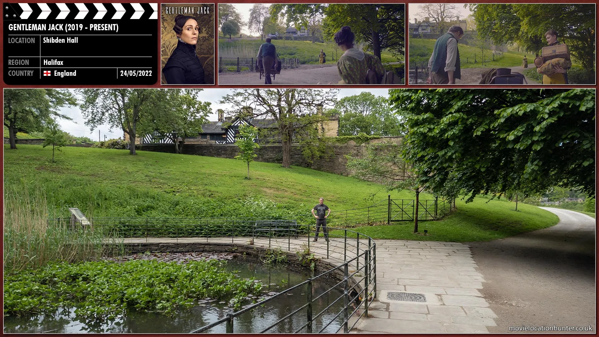 Filming location photo, shot in England, for Gentleman Jack (2019). Scene description: Anne Lister's femme de chambre or French lady's maid Eugénie (Albane Courtois) arrives at Shibden Hall.