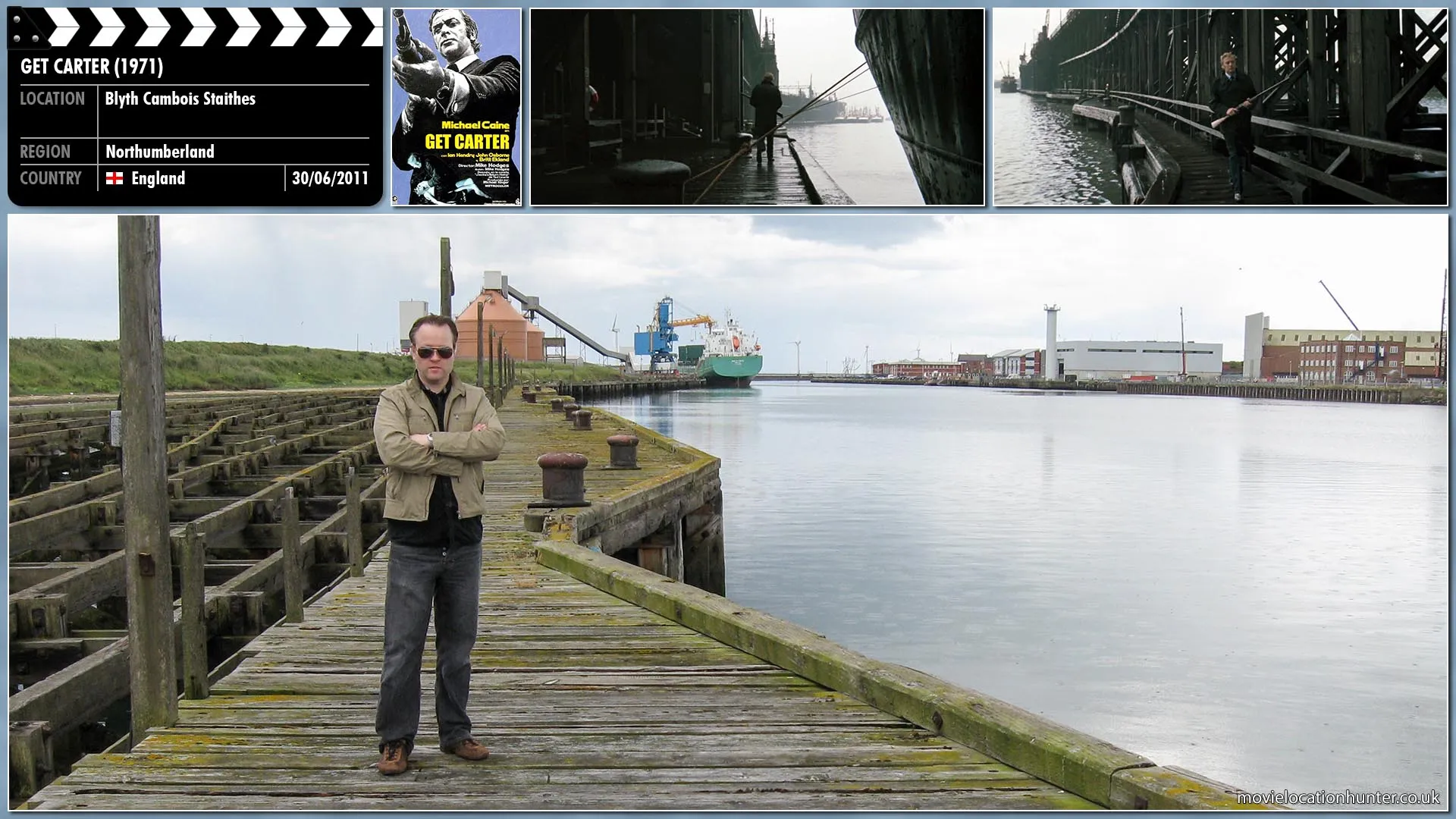 Filming location photo, shot in England, for Get Carter (1971). Scene description: Carter (Michael Caine) parks his car and picks up a shotgun and a bottle of Scotch off the back seat. He gets out and walks over to the jetty and along a lower gangway towards the far end where a man is standing.
