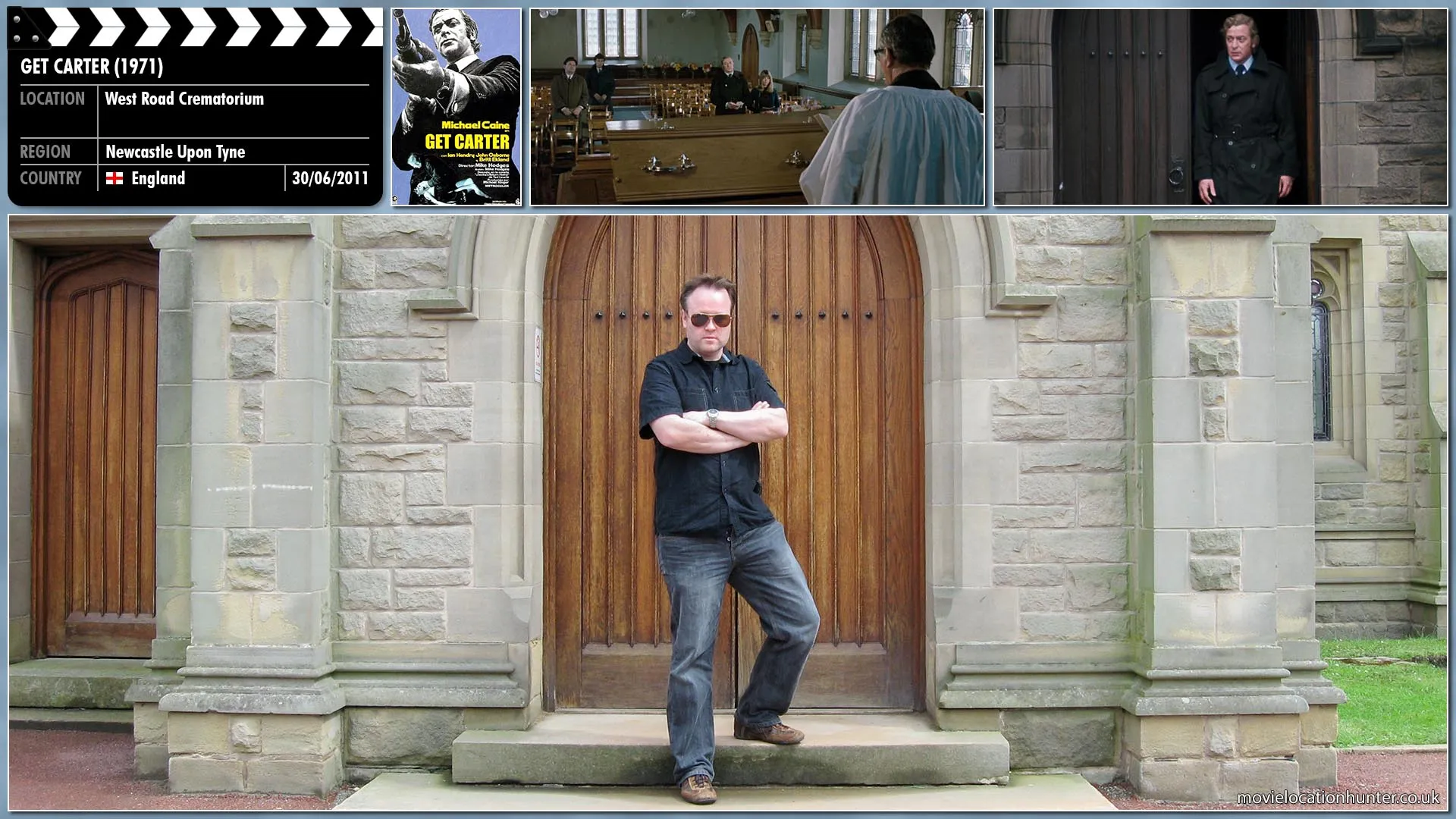 Filming location photo, shot in England, for Get Carter (1971). Scene description: After Frank's funeral, Carter (Michael Caine) comes out of the chapel and sees Margaret (Dorothy White).