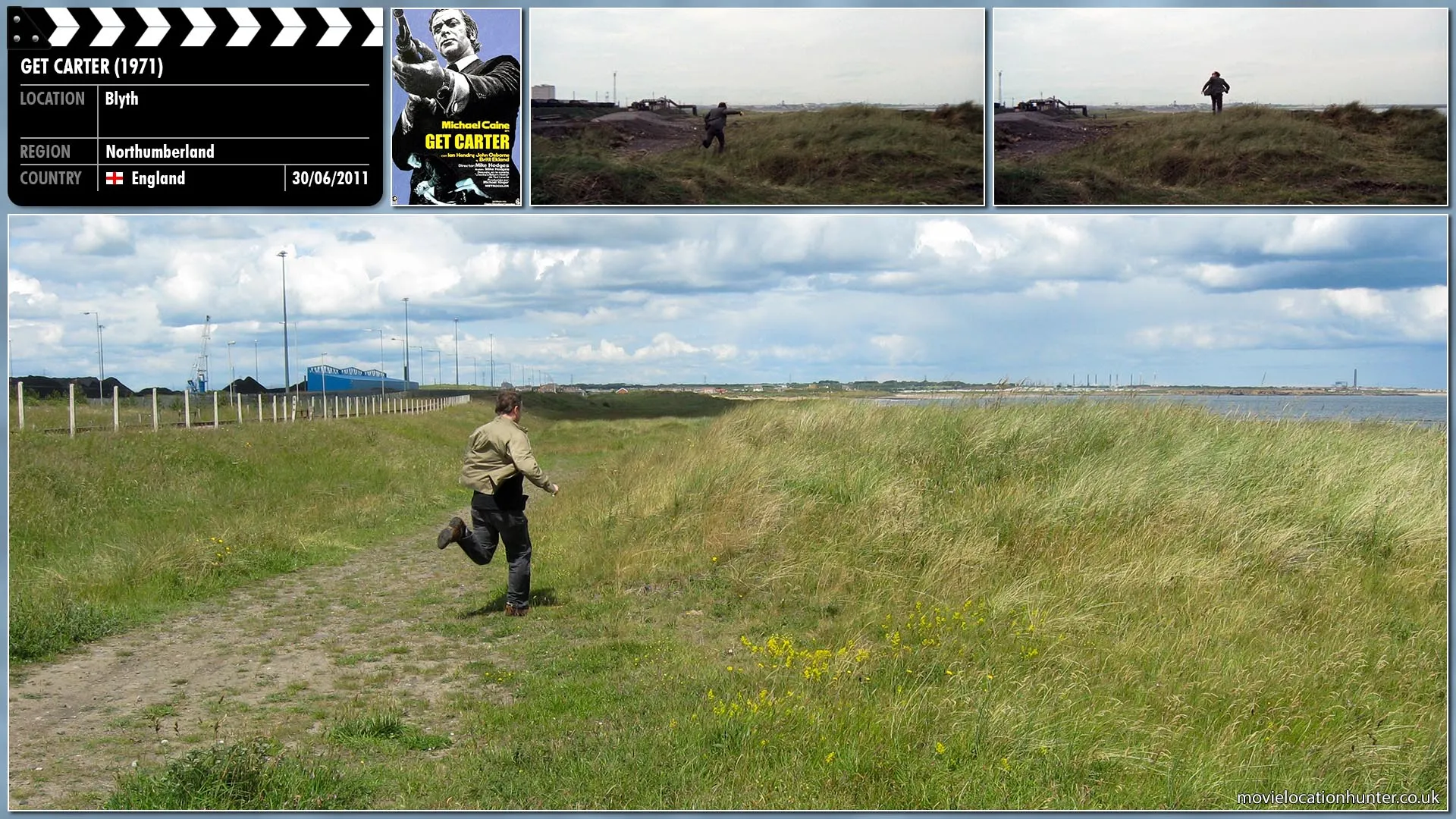 Filming location photo, shot in England, for Get Carter (1971). Scene description: Eric (Ian Hendry) runs over sandy grass dunes towards the beach, every now and then, looking back to see if Carter (Michael Caine) is gaining in on him.