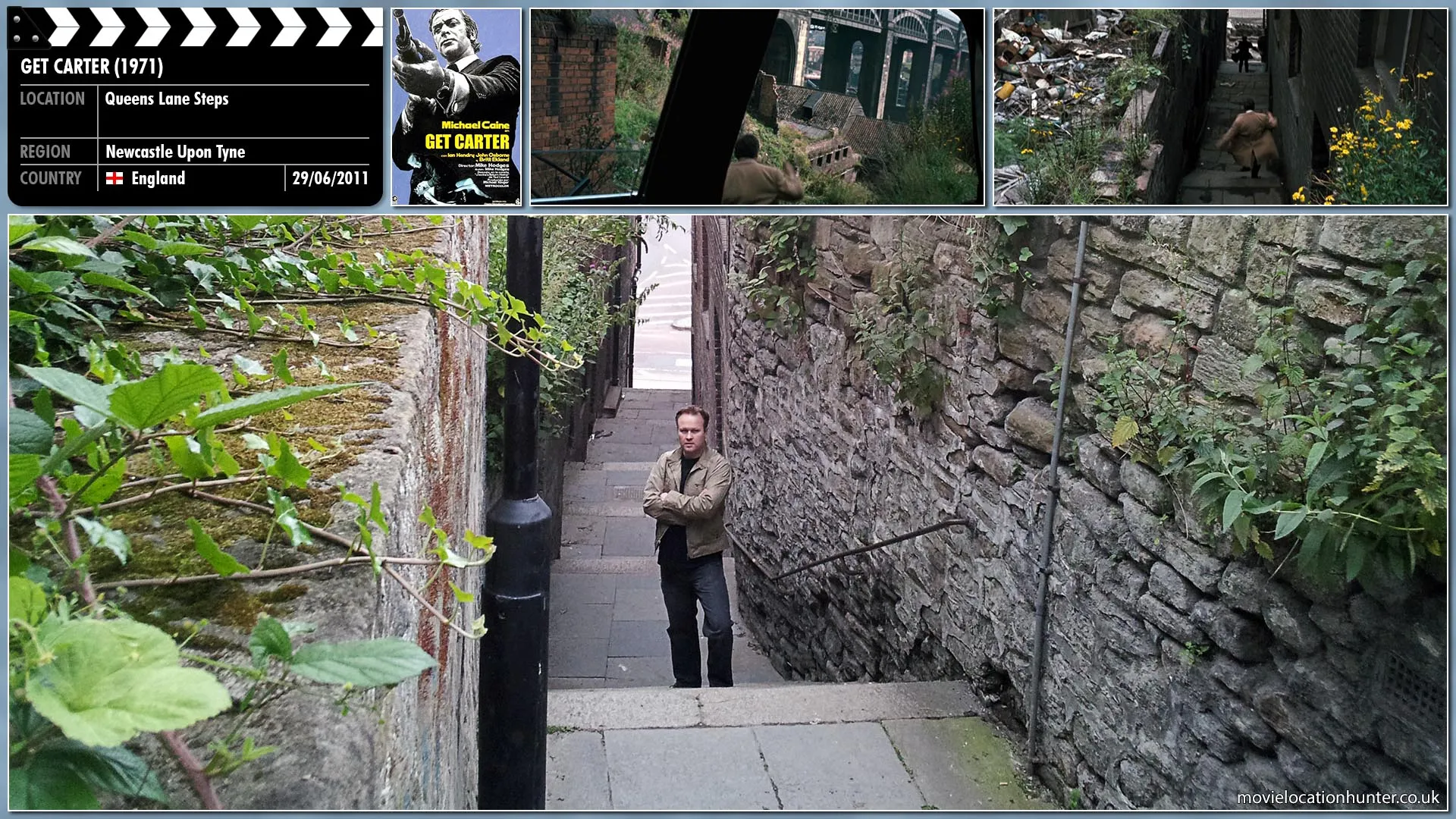 Filming location photo, shot in England, for Get Carter (1971). Scene description: Carter (Michael Caine) arrives at the top of some narrow, steep, overgrown steps leading down to the river road, where his car is parked. He leaps down the steps as the Jaguar screeches to a halt at the top.