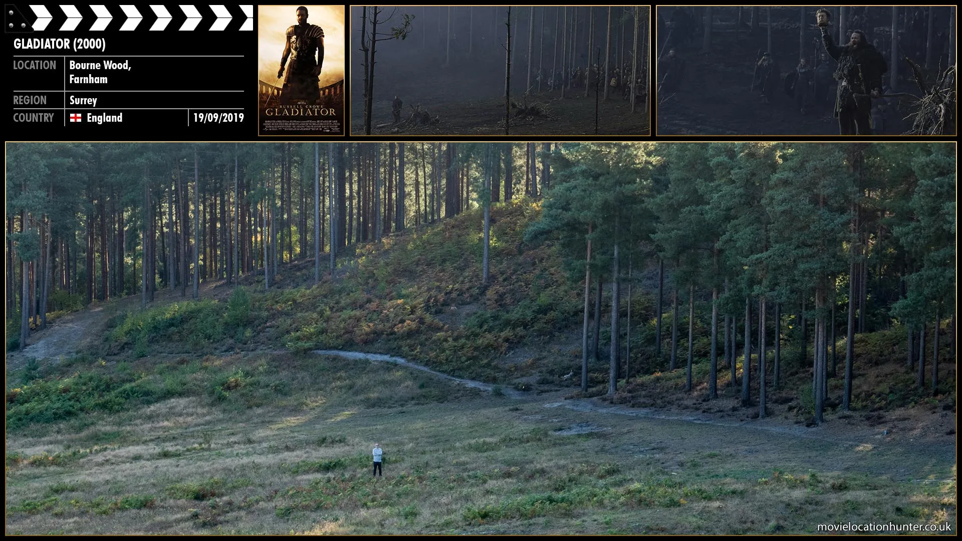 Filming location photo, shot in England, for Gladiator (2000). Scene description: A Germanic tribe leader appears out of the woods with the head of the negotiator: there will be no negotiating.  The remaining members of the tribe emerge from the trees and taunt the Romans.