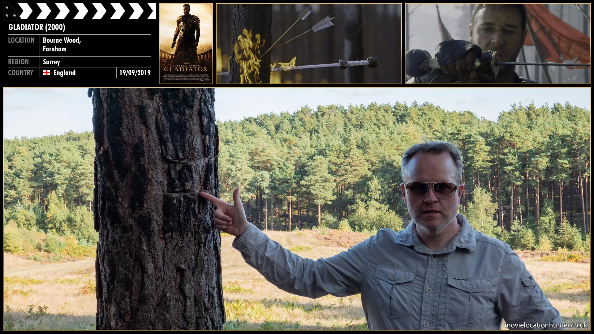 Filming location photo, shot in England, for Gladiator (2000). Scene description: Maximus (Russell Crowe) leads the cavalry attack and beheads a man, leaving his sword embedded in the trunk of a tree.  Once the battle is won Maximus returns to reclaim his sword.