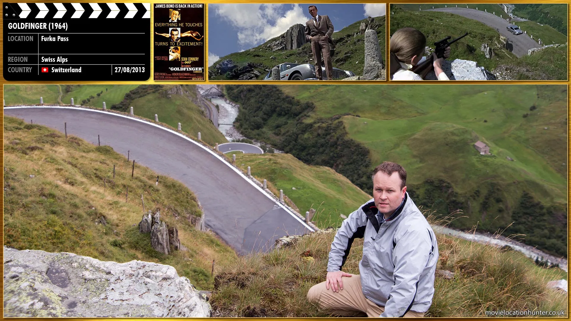 Filming location photo, shot in Switzerland, for Goldfinger (1964). Scene description: Bond (Sean Connery) follows Goldfinger to Geneva, and while observing him from a mountain switchback above, is nearly hit by a shot from a nearby assassin. Bond pursues the assassin, forcing her off the road with the tire slashers mounted on his car.