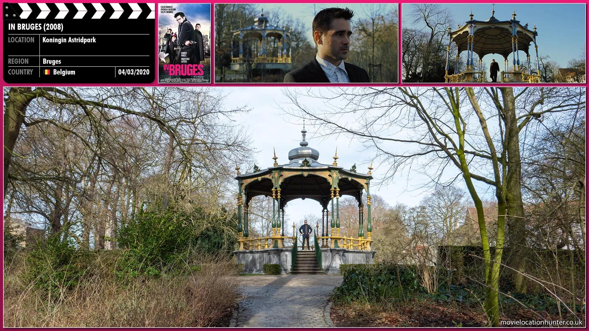Filming location photo, shot in Belgium, for In Bruges (2008). Scene description: Ray (Colin Farrell) sits on a bench watching a mother and her son in the distant children's playground.  Some distance behind and out of sight, Ken (Brendan Gleeson) watches Ray.