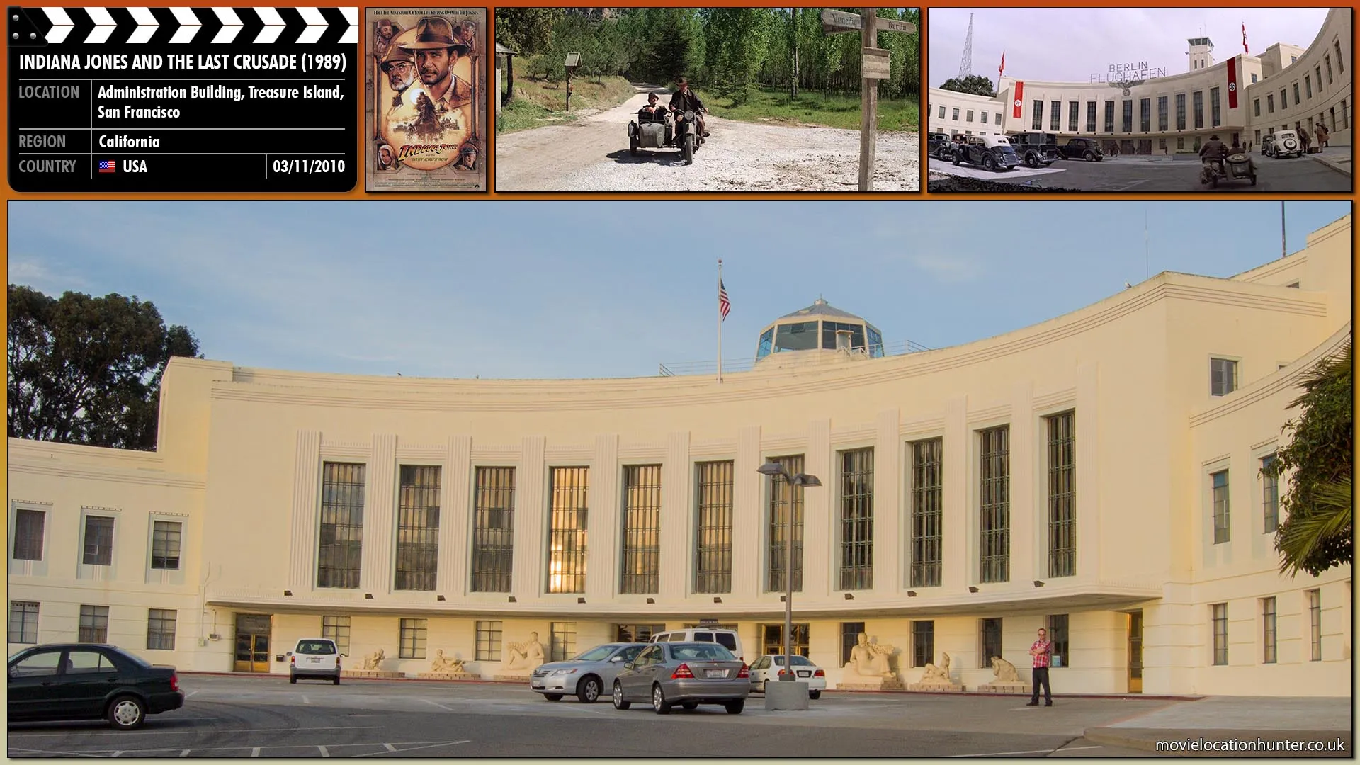 Filming location photo, shot in USA, for Indiana Jones and the Last Crusade (1989). Scene description: Indy (Harrison Ford) and his father got to the Berlin Flughafen to escape. Indy books tickets aboard a dirigible. However, they are forced to leave the dirigible using the search plane attached underneath.