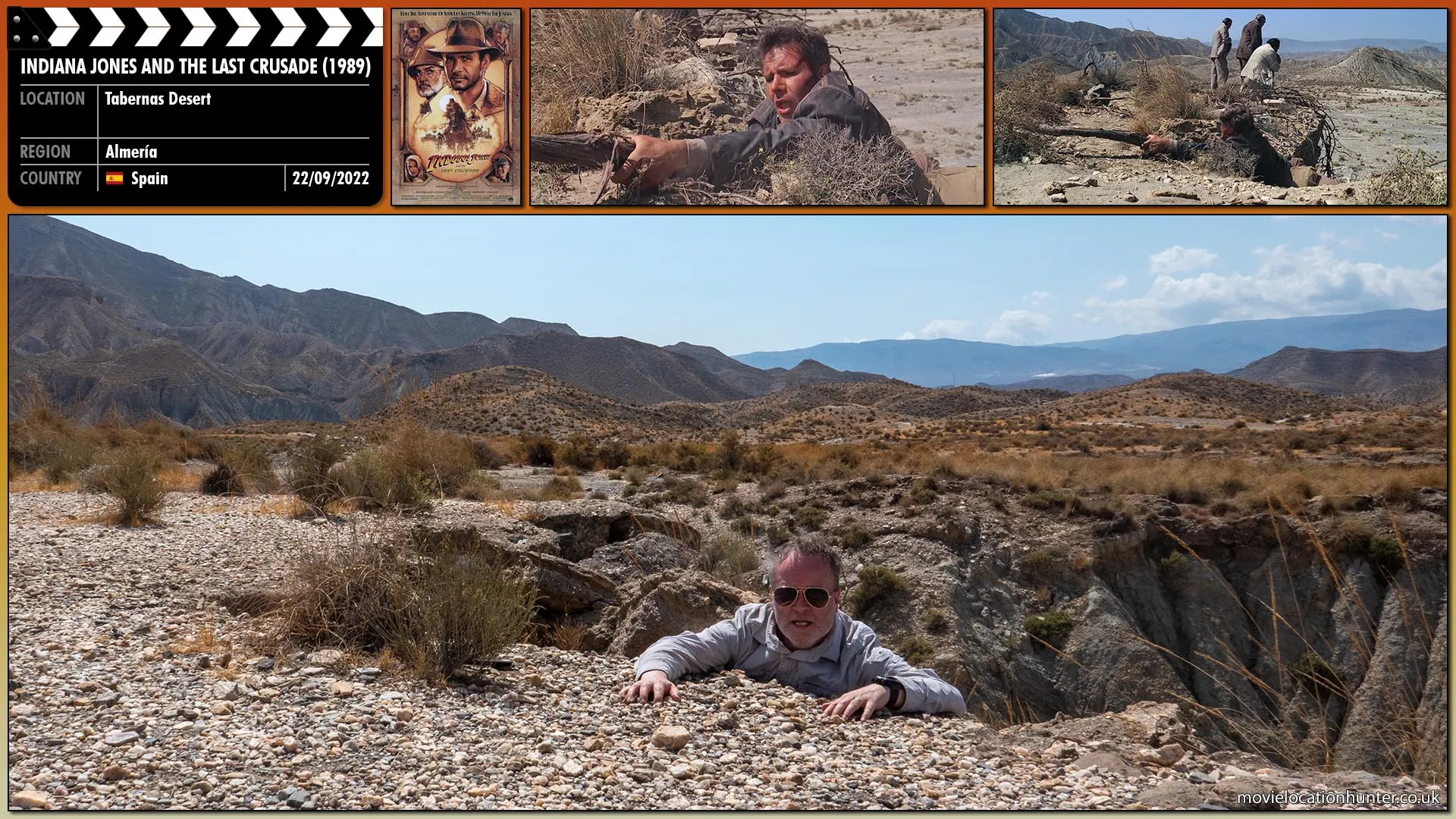 Filming location photo, shot in Spain, for Indiana Jones and the Last Crusade (1989). Scene description: An exhausted Indy (Harrison Ford) slowly climbs his way back up and over the cliff edge.