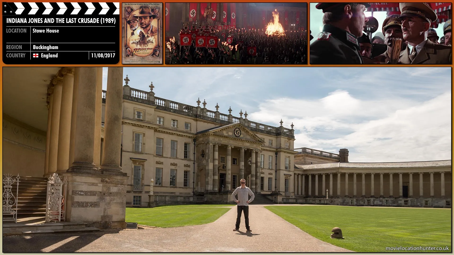 Filming location photo, shot in England, for Indiana Jones and the Last Crusade (1989). Scene description: Indy (Harrison Ford) finds himself dragged into the rally and eventually finds himself face-to-face with Hitler (Michael Sheard), who adds his signature to the diary.