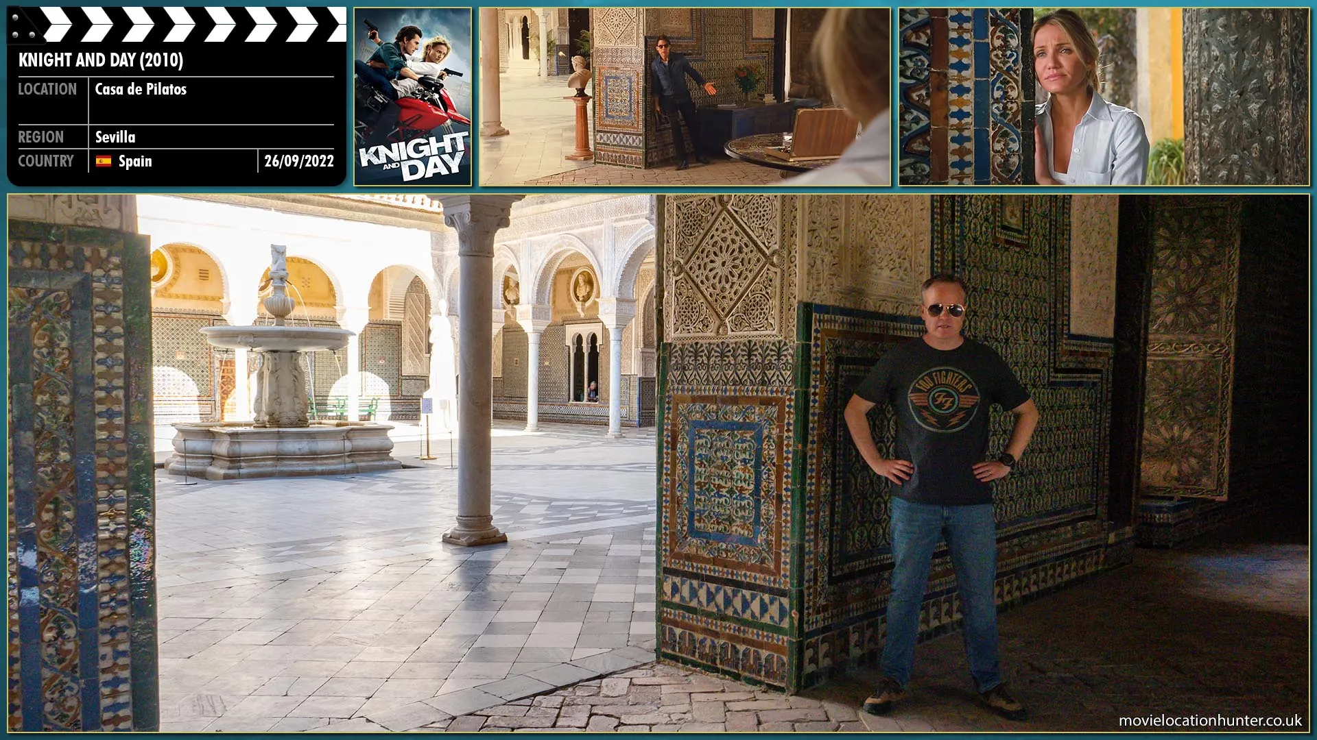 Filming location photo, shot in Spain, for Knight and Day (2010). Scene description: Roy (Tom Cruise), pistol in hand, leads the way as he and a drugged June (Cameron Diaz) attempt to escape the villa. He turns and sees she has stopped following him because she believes he is not happy to see her.  Perplexed, he rectifies the situation by calmly walking over to her, as shots fire around him, and kisses her.