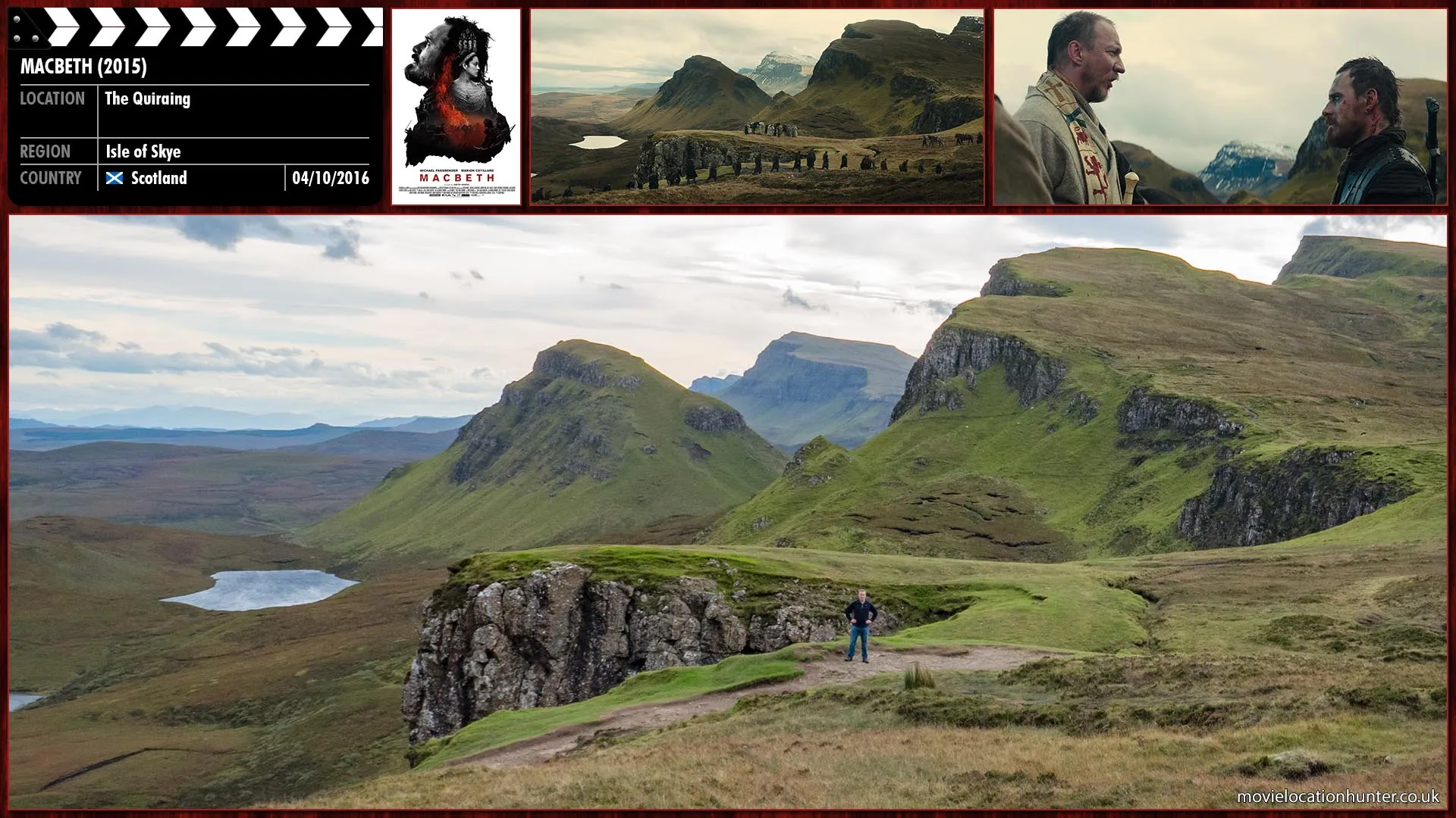 Filming location photo, shot in Scotland, for Macbeth (2015). Scene description: King Duncan, rewards Macbeth's loyalty and courage on the battlefield by awarding him the title of one of the slain traitors The Thane of Cawdor.  This is a great honour, but it is more than that to Macbeth.  It is this fulfilment of part of the prophecy just delivered to him (and Banquo) by the Three Witches.