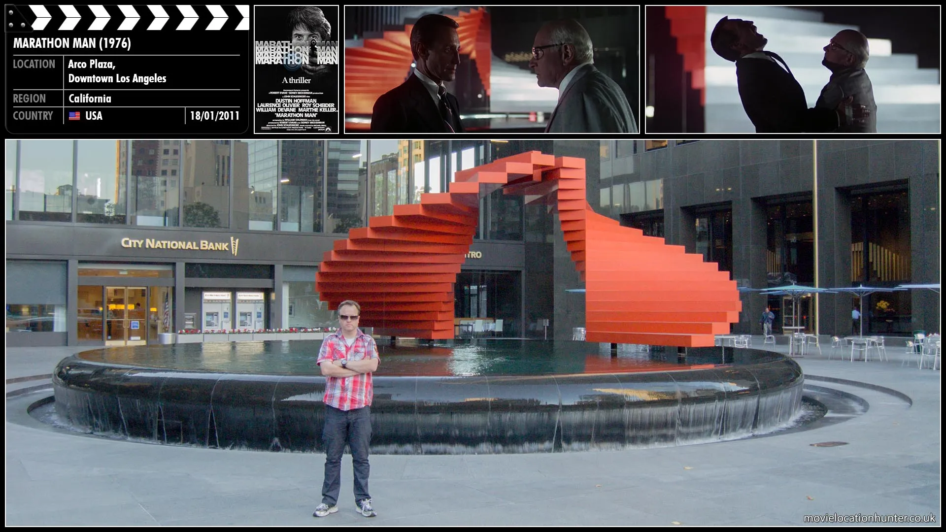 Filming location photo, shot in USA, for Marathon Man (1976). Scene description: After Szell (Laurence Olivier) arrives in America, Doc (Roy Scheider) meets him to tell the former Nazi he is not welcome in the country, and also to warn Szell to stay away from Babe (Dustin Hoffman). Szell casually accepts the pronouncement, but then swiftly knifes Doc, wounding him severely.