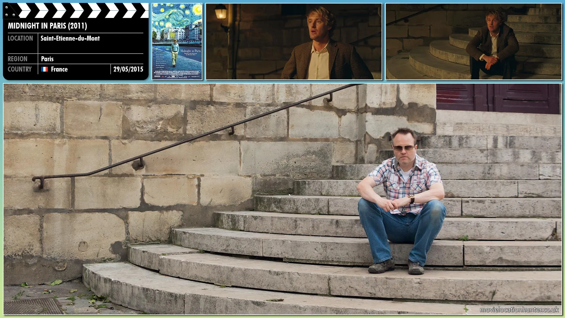 Filming location photo, shot in France, for Midnight in Paris (2011). Scene description: Gil (Owen Wilson) stops for a rest sitting on some steps, bells chime midnight and an antique car pulls up, and the passengers dressed in 1920s clothing urge Gil to join them.