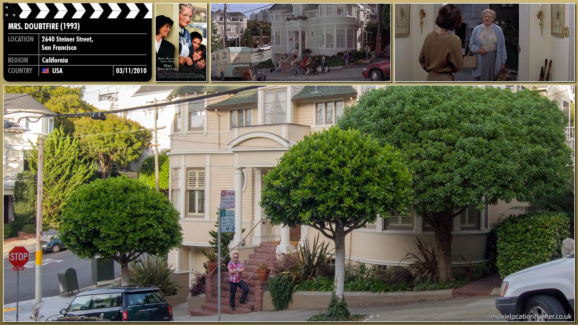 Filming location photo, shot in USA, for Mrs. Doubtfire (1993). Scene description: Daniel Hillard (Robin Williams) is a voice actor living in San Francisco, California, who quits his job at an animation studio over a questionable script. Though a devoted and well-meaning father to his three young children, Lydia (Lisa Jakub), Chris (Matthew Lawrence) and Natalie (Mara Wilson), Daniel is an unreliable husband. When Daniel throws a boisterous birthday party for his son Chris, despite his wife, Miranda (Sally Field), saying he couldn't have one because of his bad report card, Miranda becomes furious with him and seeks a divorce.