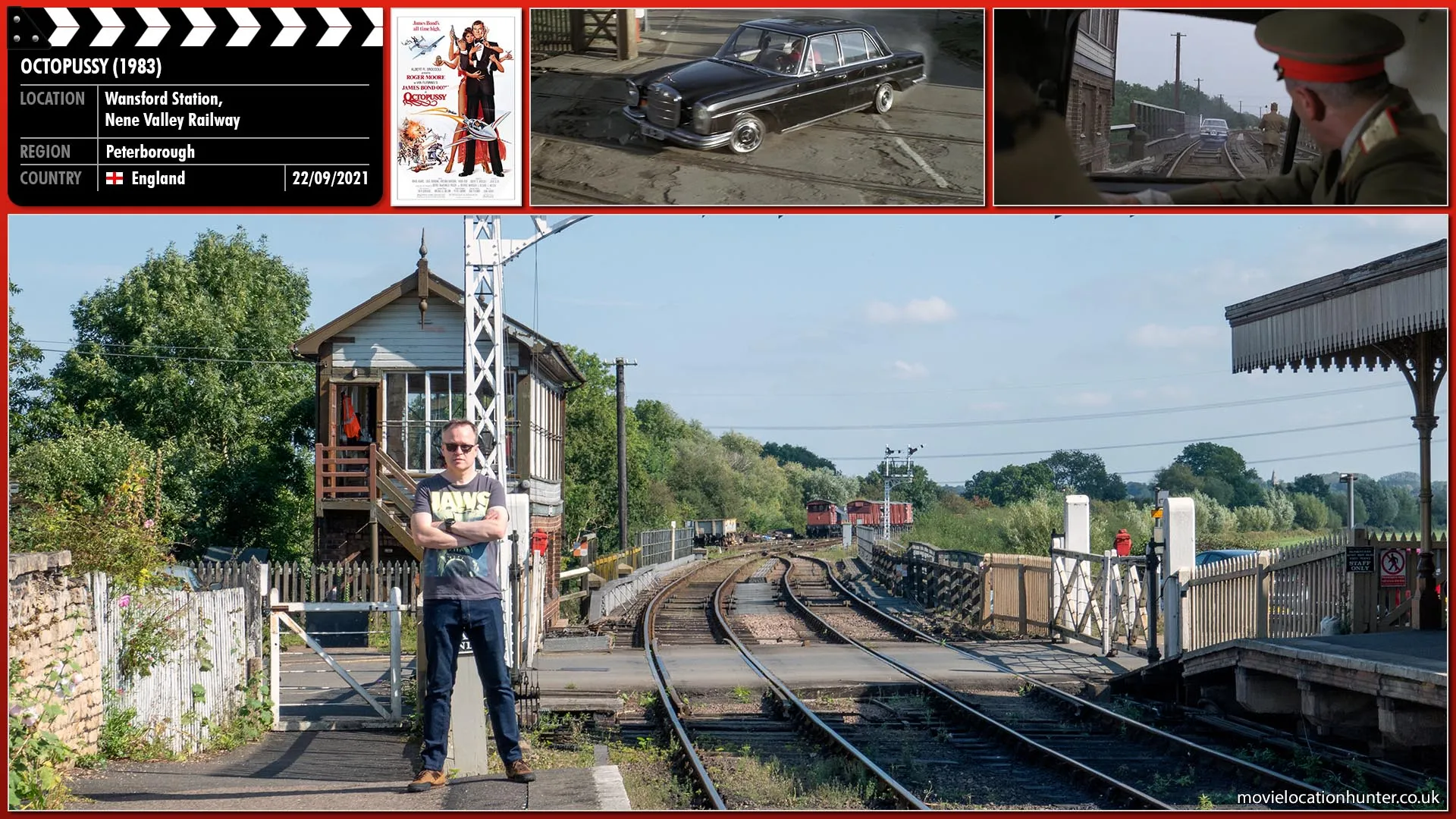 Filming location photo, shot in England, for Octopussy (1983). Scene description: Bond (Roger Moore), tyres shredded, puts the car into a side drift and skids towards the track.  The car wheels interlock with the rails and he speeds away on the same track that the Octopussy circus train left on.