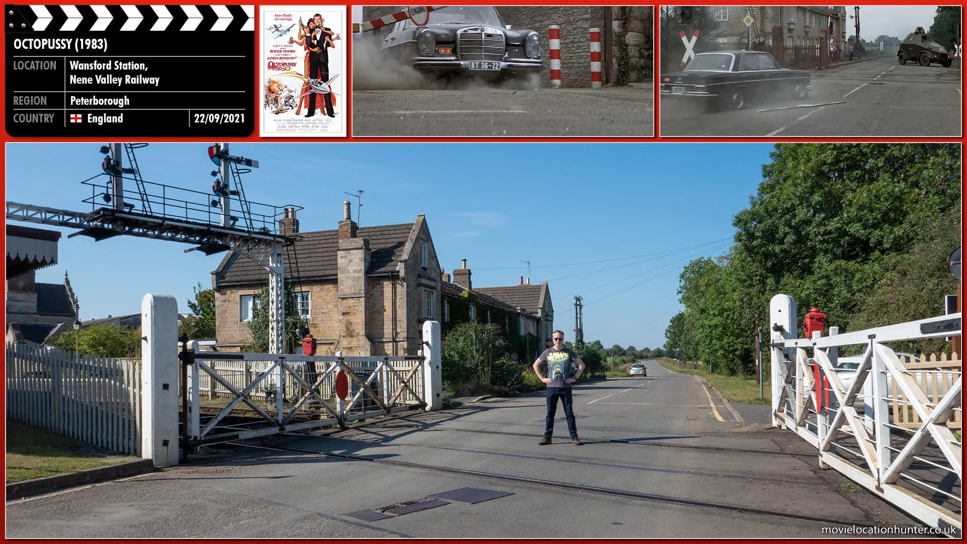 Filming location photo, shot in England, for Octopussy (1983). Scene description: Desperately trying to escape the guards at the station, Bond (Roger Moore) drives the opposite way over a one-way grid and rips all the cars tyres to pieces.