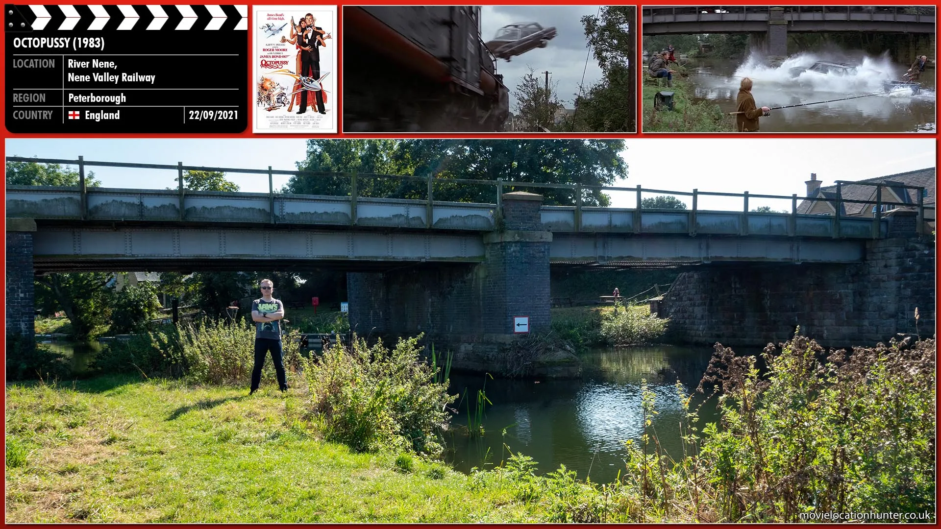 Filming location photo, shot in England, for Octopussy (1983). Scene description: Bond (Roger Moore) jumps from a car onto the Octopussy circus train just as a train travelling in the opposite direction smashes into the car hurtling it into a river surrounded by dumbfounded fisherman.