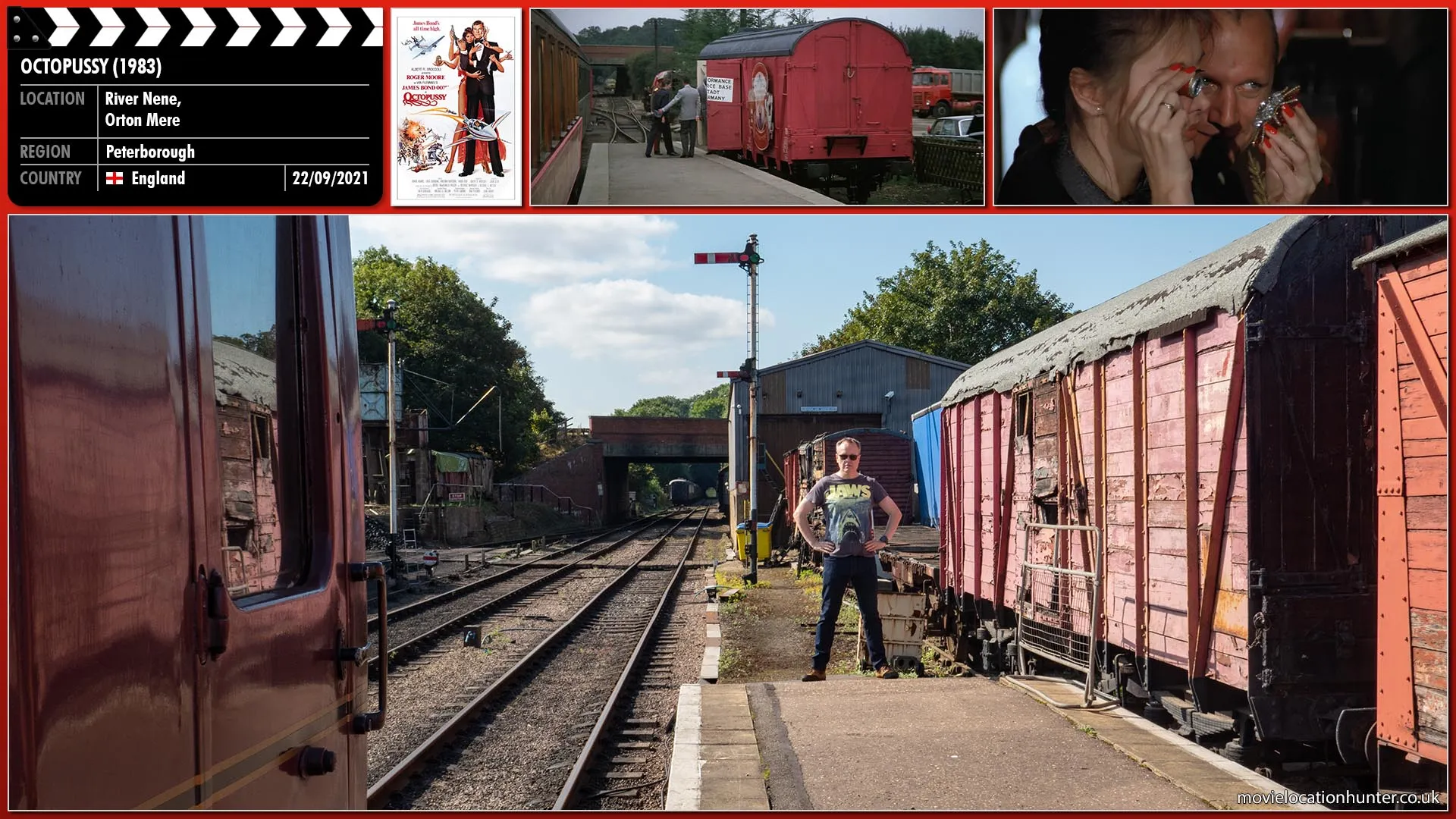 Filming location photo, shot in England, for Octopussy (1983). Scene description: Bond (Roger Moore) watches Octopussy (Maud Adams), Kamal (Louis Jourdan), Orlov (Steven Berkoff) and Gobina (Kabir Bedi) enter a boxcar that is isolated from the rest of the train.