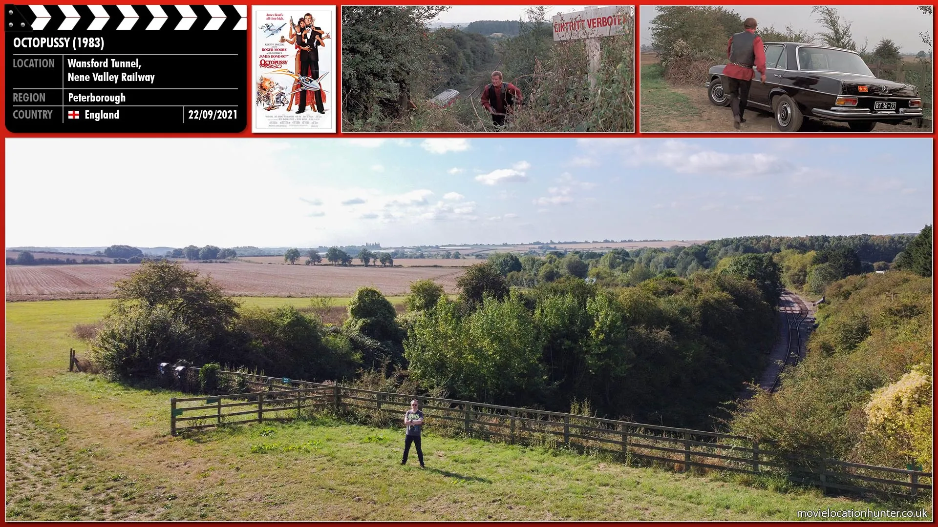 Filming location photo, shot in England, for Octopussy (1983). Scene description: Bond (Roger Moore) kills Orlov's chauffer with his last shot and runs up steps at the side of the tunnel.  There he discovers Orlov's car, jumps in it, and drives away.