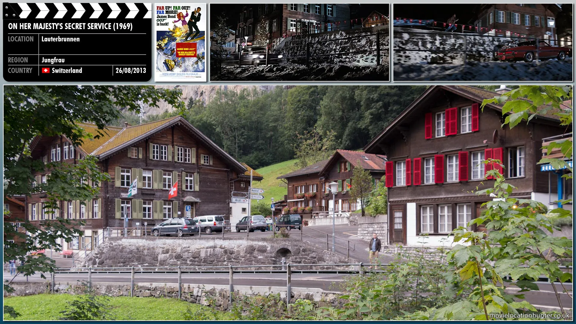 Filming location photo, shot in Switzerland, for On Her Majesty's Secret Service (1969). Scene description: Under gunfire, Bond (George Lazenby) sprints from the phone box and down a ramp just as Tracy (Diana Rigg) arrives in her car.  Bond jumps in and she speeds off with Bunt (Ilse Steppat) and her men in hot pursuit.