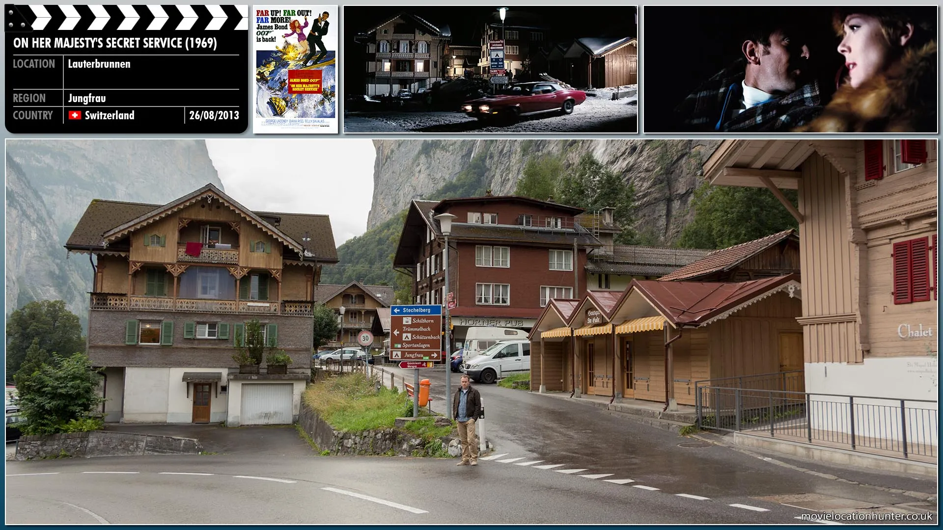 Filming location photo, shot in Switzerland, for On Her Majesty's Secret Service (1969). Scene description: Bond (George Lazenby) and Tracy (Diana Rigg) attempt to escape Bunt (Ilse Steppat) and several of Blofeld's henchmen.